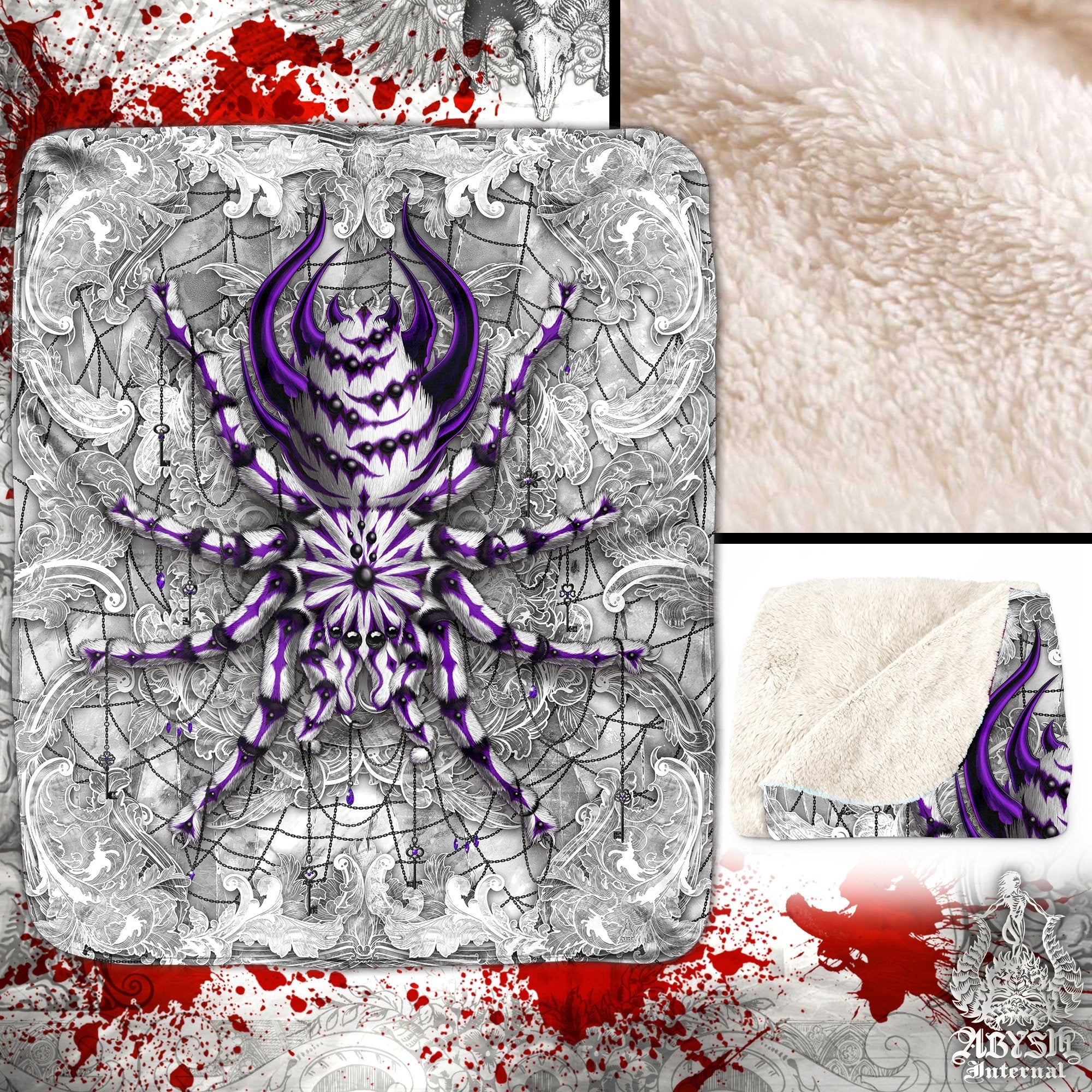 White Goth Throw Fleece Blanket, Gothic Home Decor, Spider Lover Gift, Alternative Art Gift - Stone, Purple, Tarantula Art - Abysm Internal
