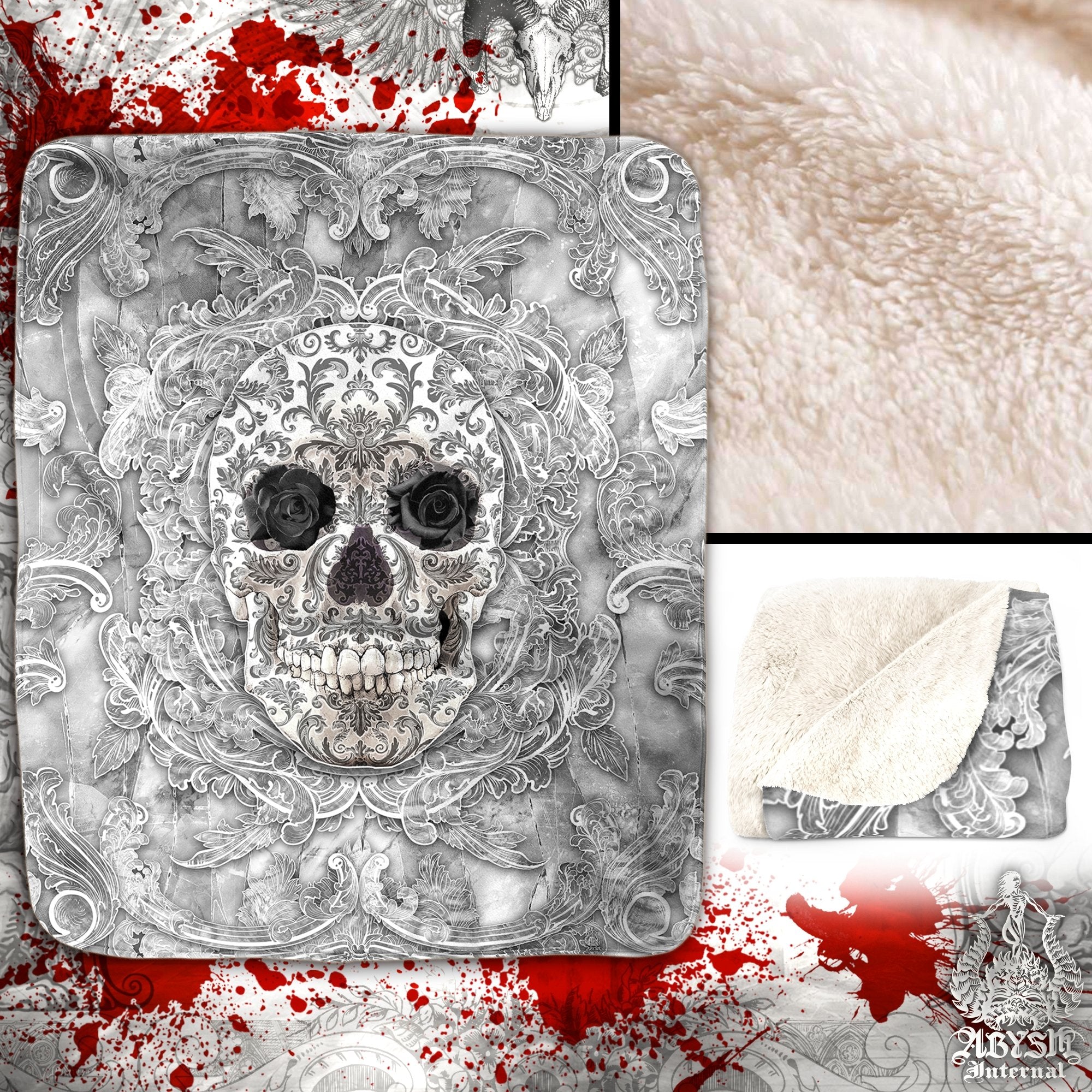White Goth Throw Fleece Blanket, Macabre Art, Alternative Home Decor, Alternative Art Gift - Stone, Skull - Abysm Internal