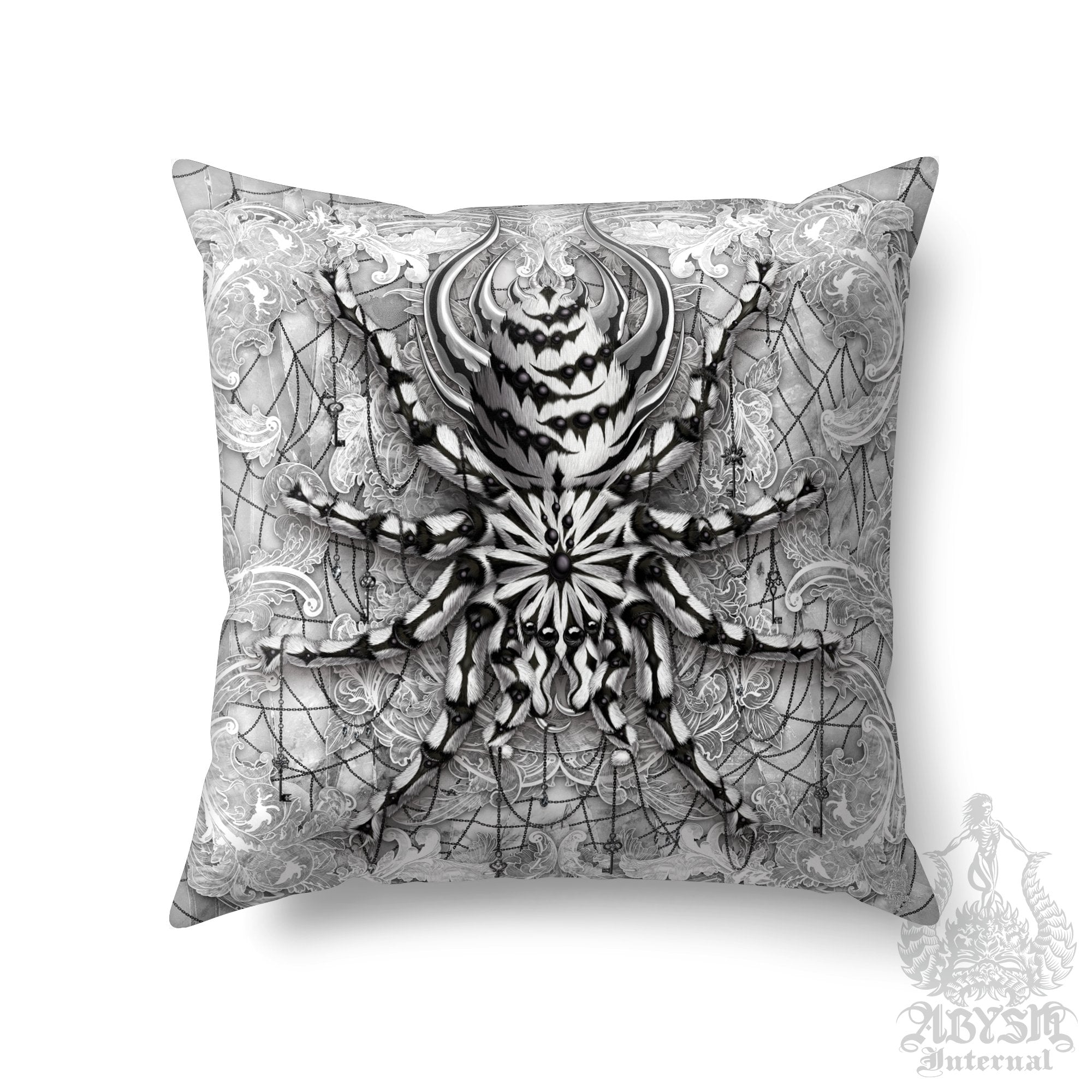 White Goth Throw Pillow, Decorative Accent Cushion, Gothic Room Decor, Alternative Home - Tarantula, Spider, Stone, Black and White - Abysm Internal