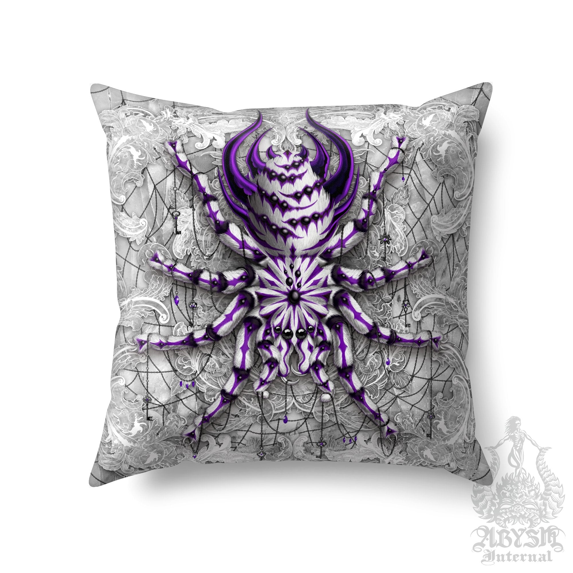 White Goth Throw Pillow, Decorative Accent Cushion, Gothic Room Decor, Alternative Home - Tarantula, Spider, Stone, Purple - Abysm Internal