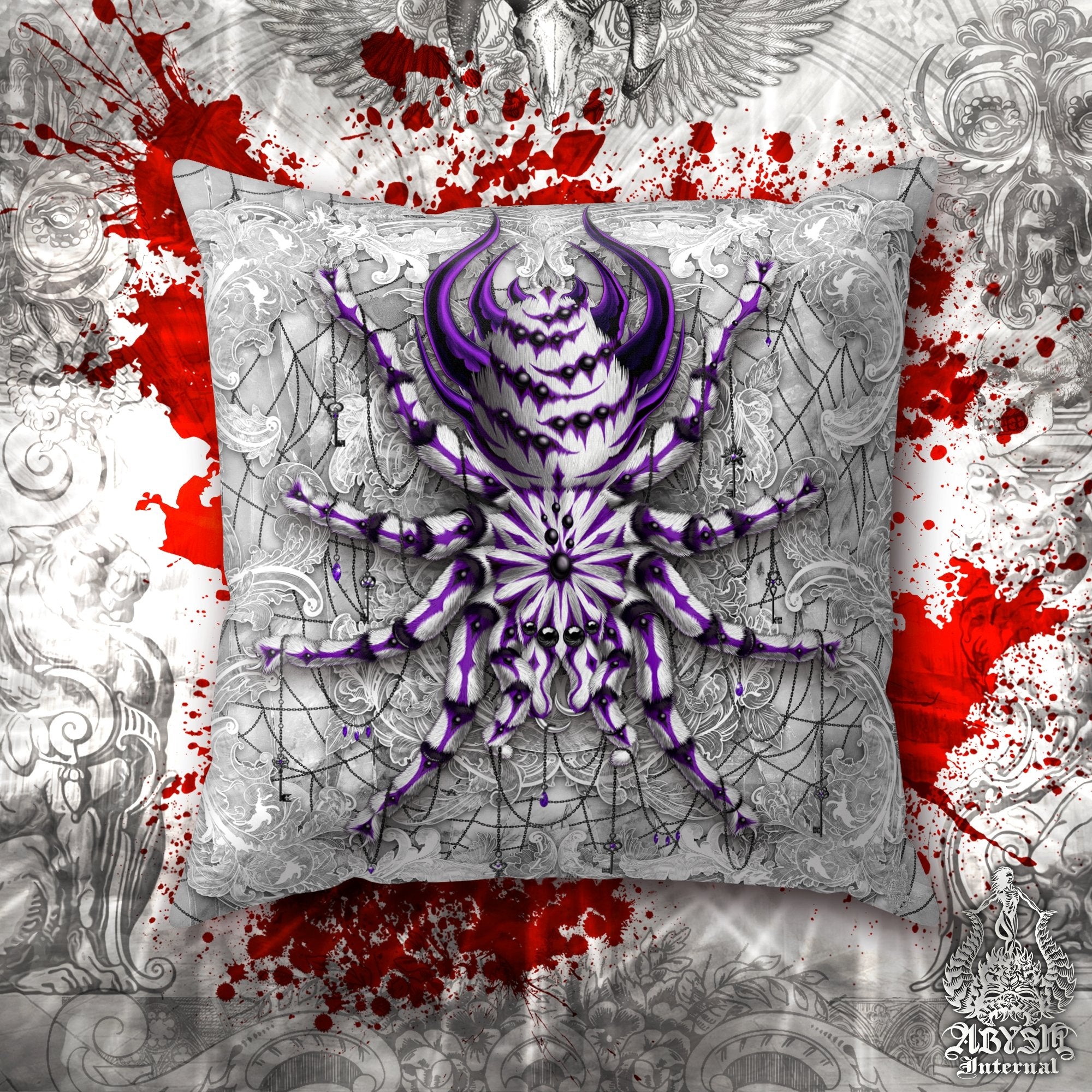White Goth Throw Pillow, Decorative Accent Cushion, Gothic Room Decor, Alternative Home - Tarantula, Spider, Stone, Purple - Abysm Internal