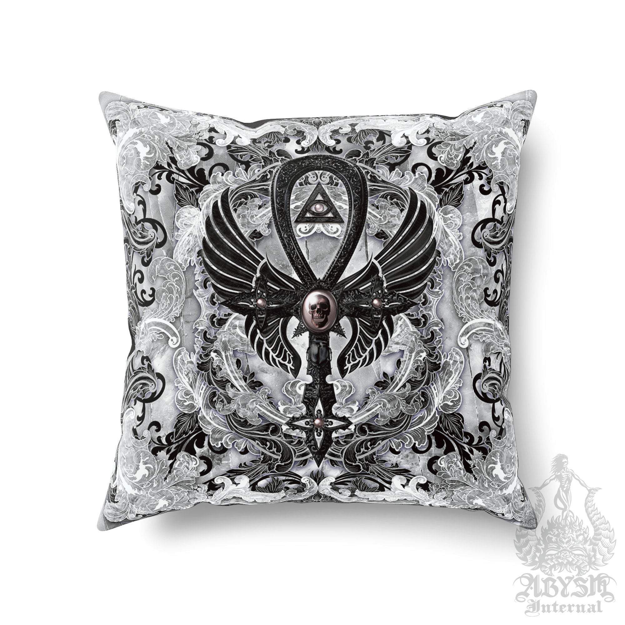 White Goth Throw Pillow, Decorative Accent Cushion, Gothic Room Decor, Dark Art, Alternative Home - Ankh Cross, Black & White - Abysm Internal