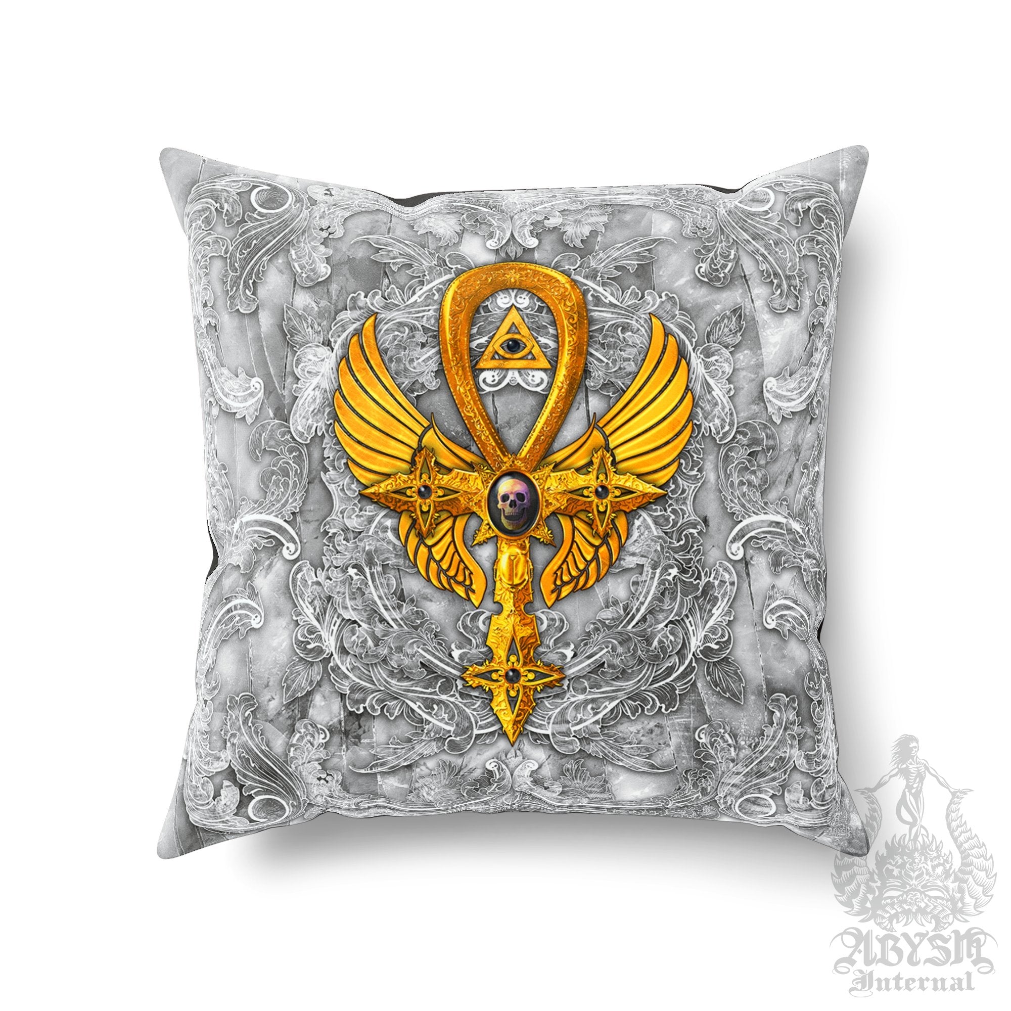 White Goth Throw Pillow, Decorative Accent Cushion, Gothic Room Decor, Occult Art, Alternative Home - Ankh, Stone Gold - Abysm Internal