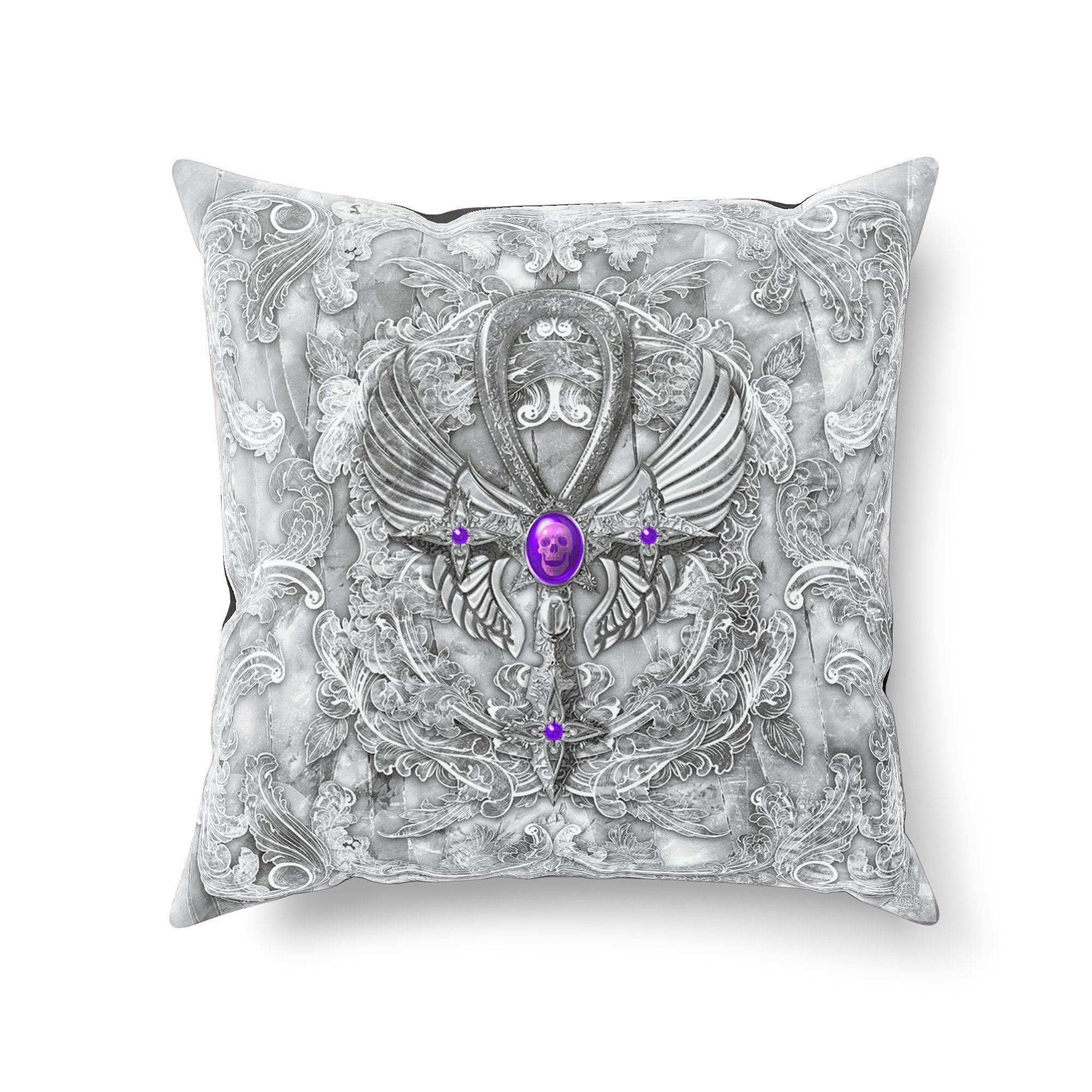 White Goth Throw Pillow, Decorative Accent Cushion, Gothic Room Decor, Occult Art, Alternative Home - Stone, Ankh Cross - Abysm Internal