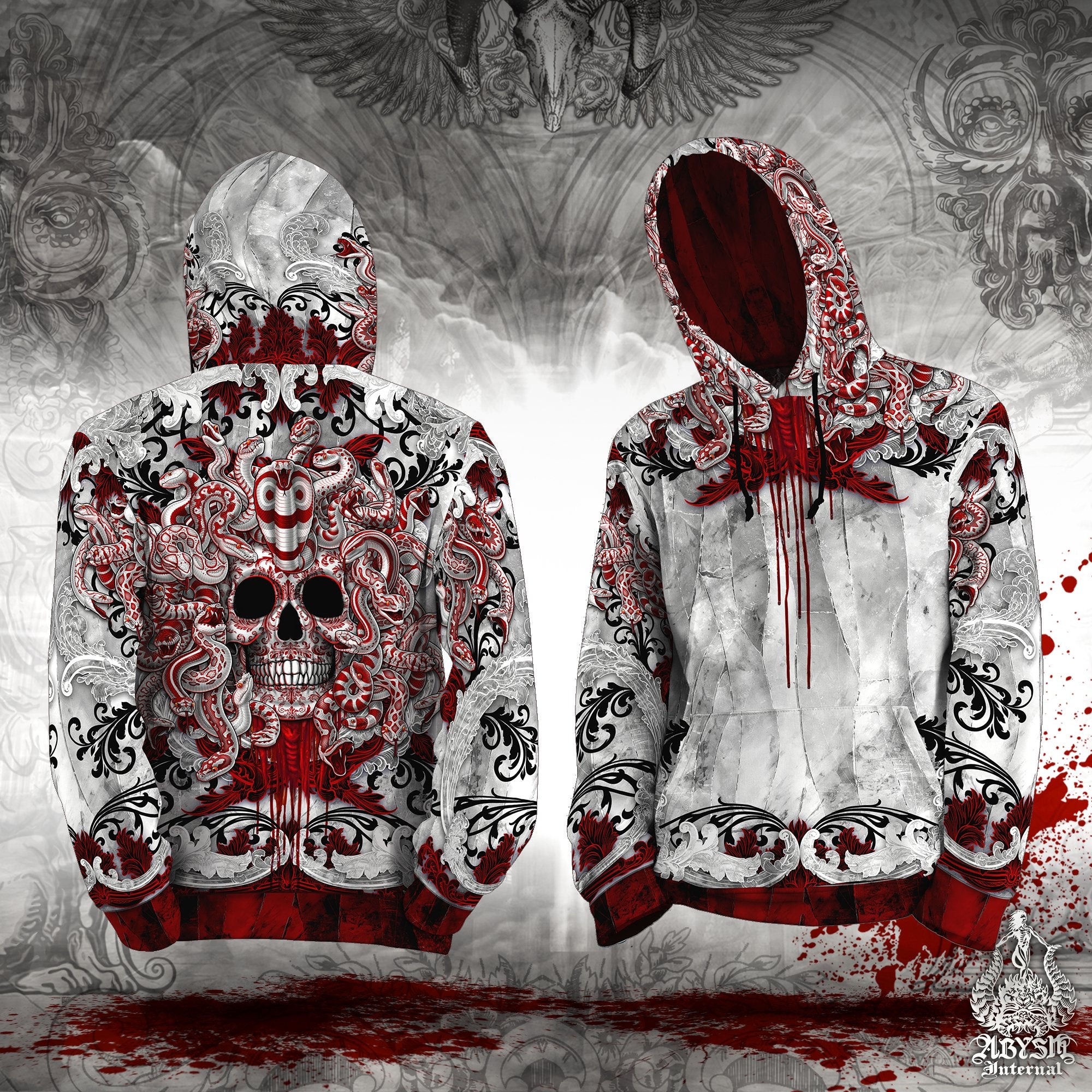 White Gothic Hoodie, Goth Skull Pullover, Horror Streetwear, Street Outfit, Graffiti Sweater, Alternative Clothing, Unisex - Medusa, Bloody Goth, 2 Faces - Abysm Internal