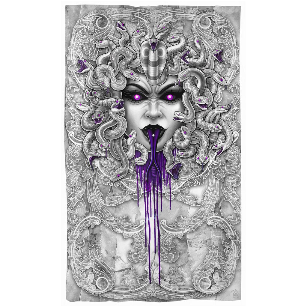 White Skull Horror Curtains, 50x84' Printed Window Panels, Gothic Home Decor, Skull Art Print - Purple, Goth Medusa, 4 Faces - Abysm Internal