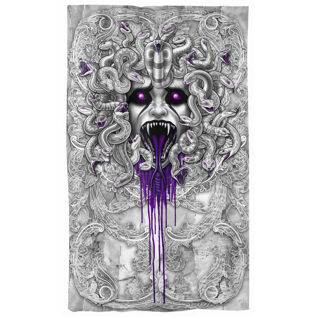 White Skull Horror Curtains, 50x84' Printed Window Panels, Gothic Home Decor, Skull Art Print - Purple, Goth Medusa, 4 Faces - Abysm Internal