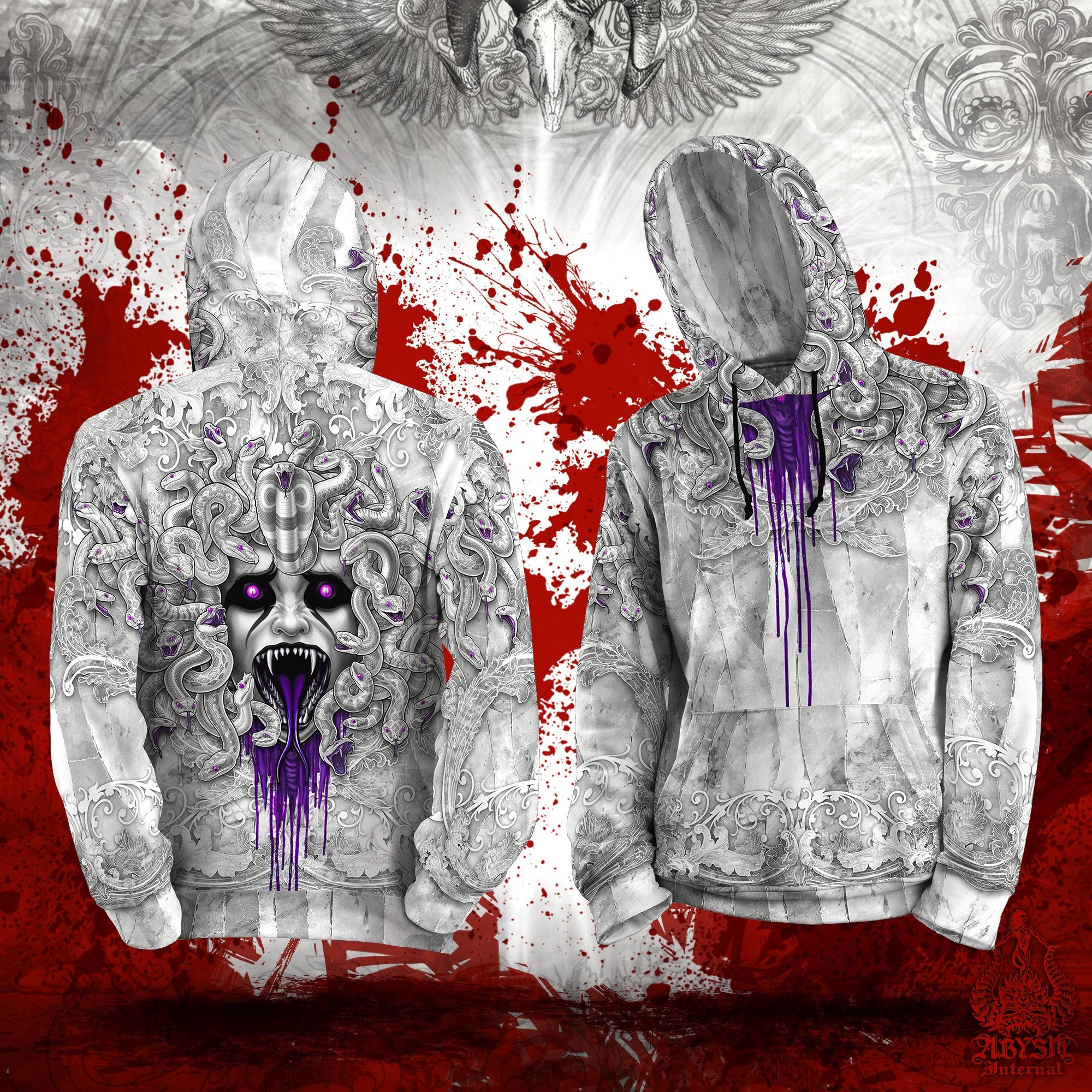 White Skull Sweater, Goth Pullover, Horror Streetwear, Gothic Hoodie, Alternative Clothing, Unisex - Medusa, Purple, 2 Faces - Abysm Internal