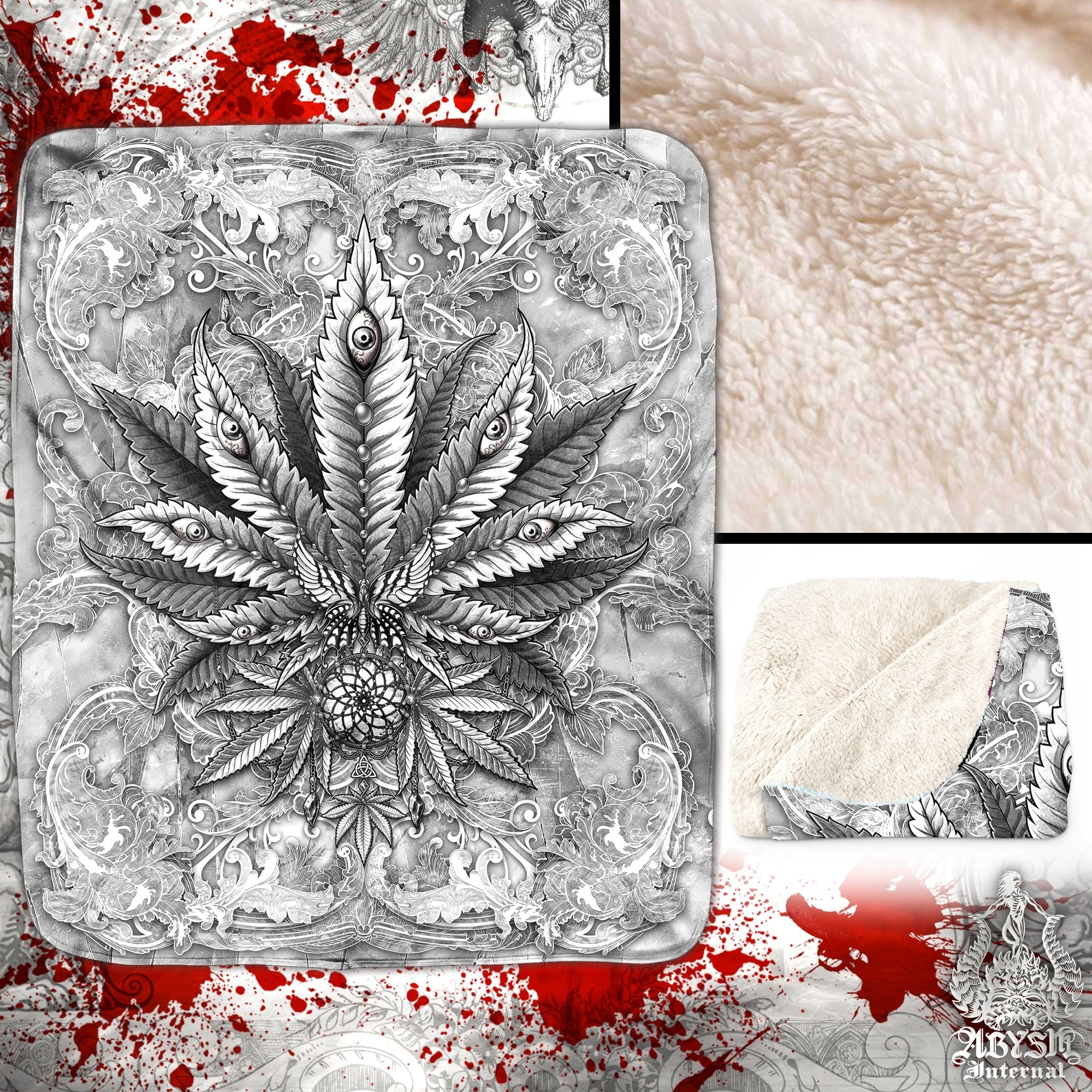 White Weed Throw Fleece Blanket, Cannabis Art, Indie and Hippie Home Decor, 420 Gift - Marijuana, Goth, Stone - Abysm Internal
