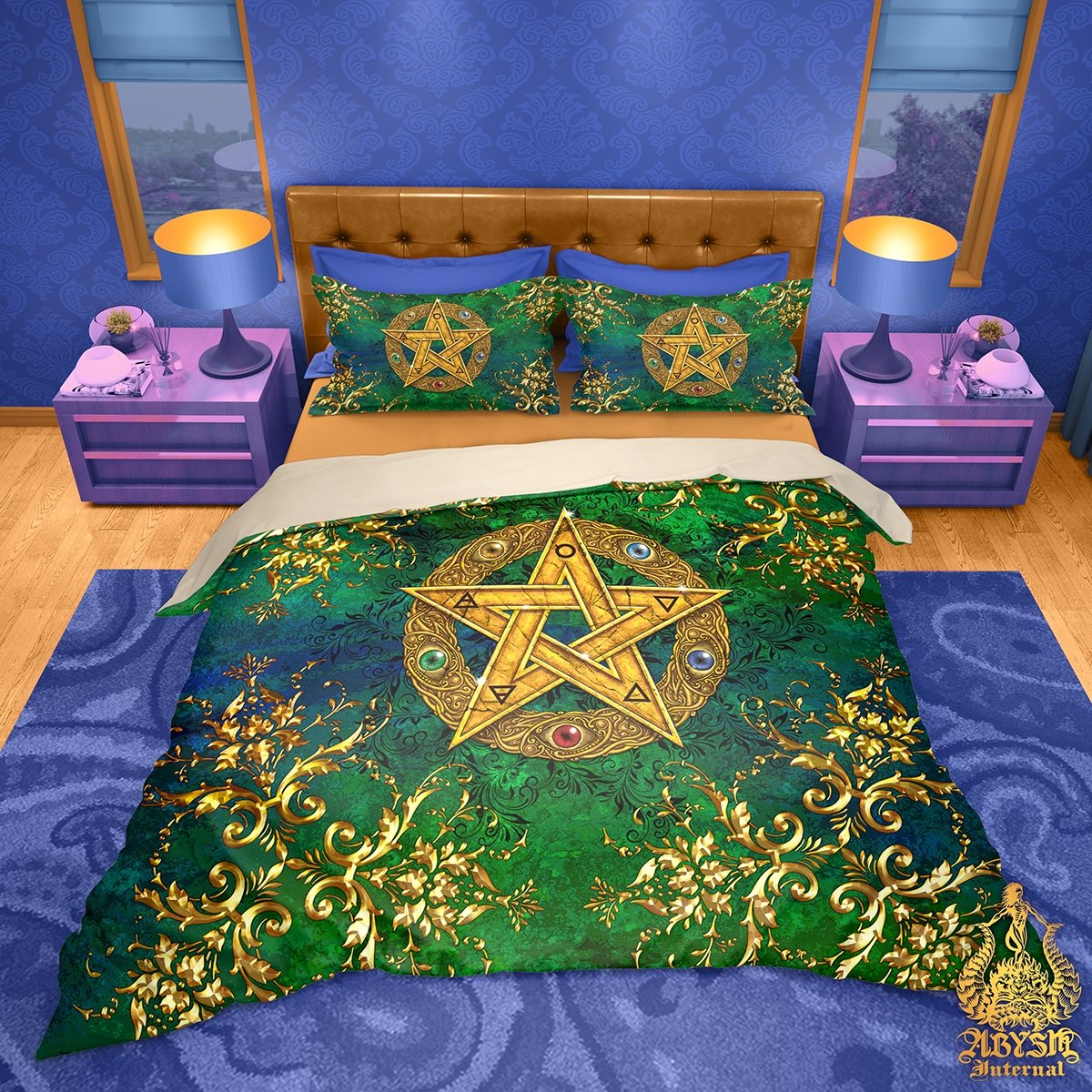 Wicca Bedding Set, Comforter and Duvet, Pagan Bed Cover and Witchy Bedroom Decor, King, Queen and Twin Size - Gold Pentacle - Abysm Internal