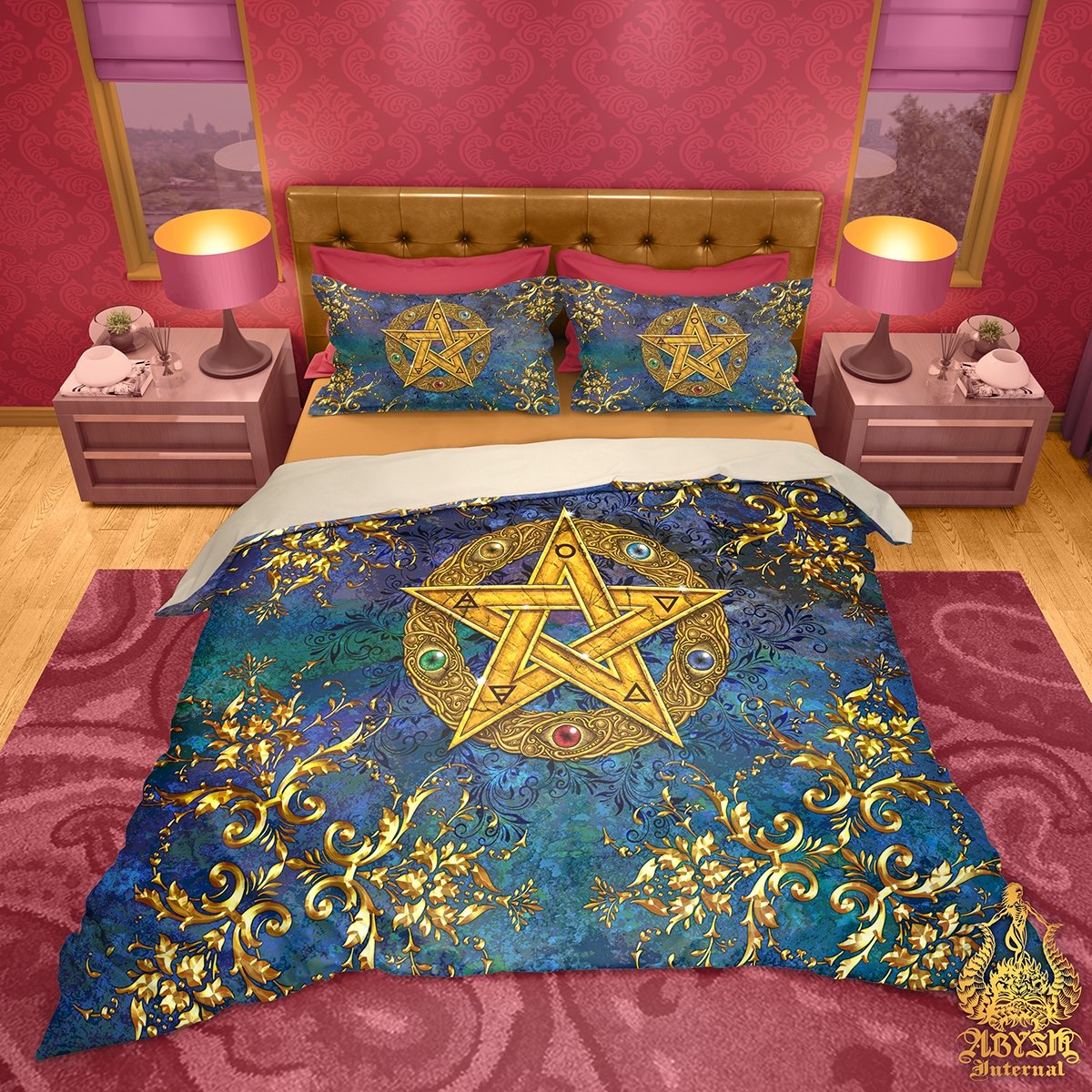 Wicca Bedding Set, Comforter and Duvet, Pagan Bed Cover and Witchy Bedroom Decor, King, Queen and Twin Size - Gold Pentacle - Abysm Internal