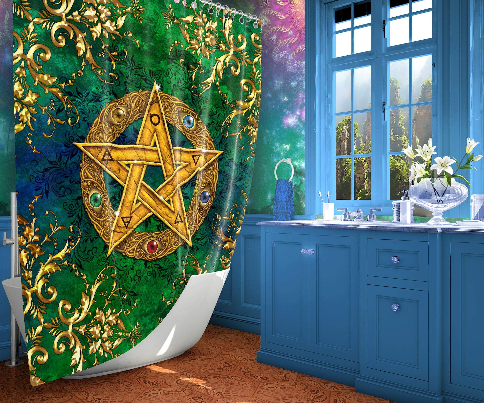 Wicca Shower Curtain, Witchy Bathroom Decor, Pagan Art, Eclectic and Funky Home - Gold Pentacle - Abysm Internal