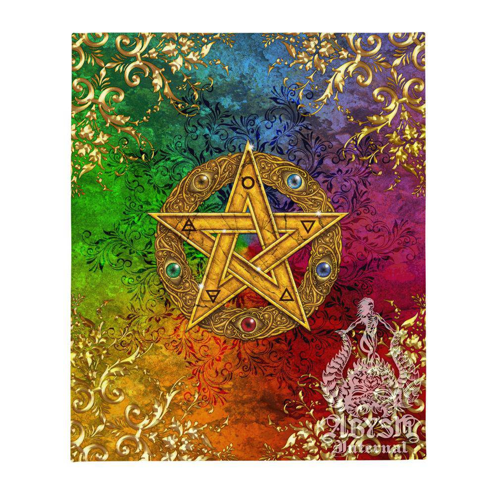 Wicca Tapestry, Witchy Wall Hanging, Pagan Home Decor, Art Print, Eclectic and Funky - Gold Pentacle, 8 Colors - Abysm Internal