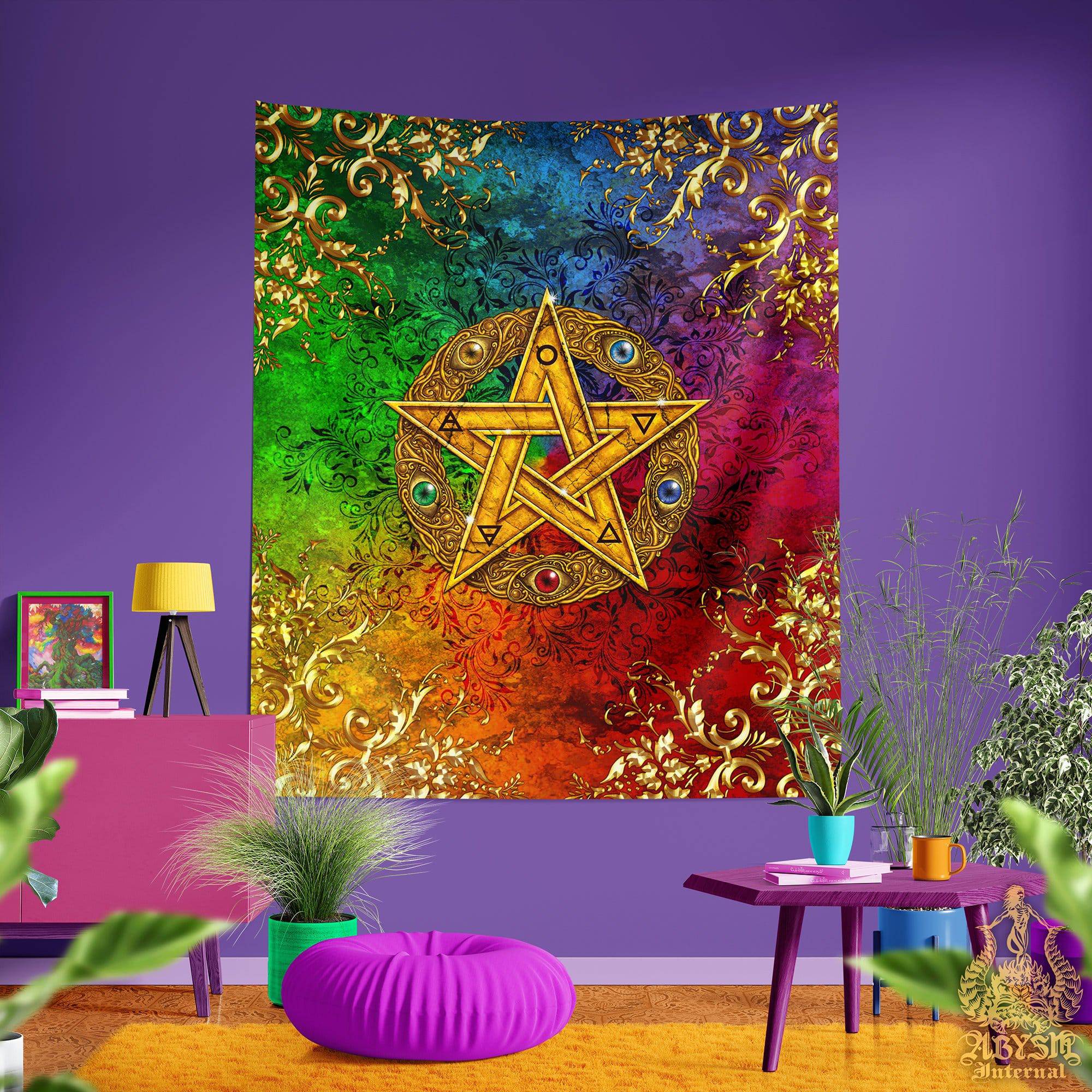 Wicca Tapestry, Witchy Wall Hanging, Pagan Home Decor, Art Print, Eclectic and Funky - Gold Pentacle, 8 Colors - Abysm Internal