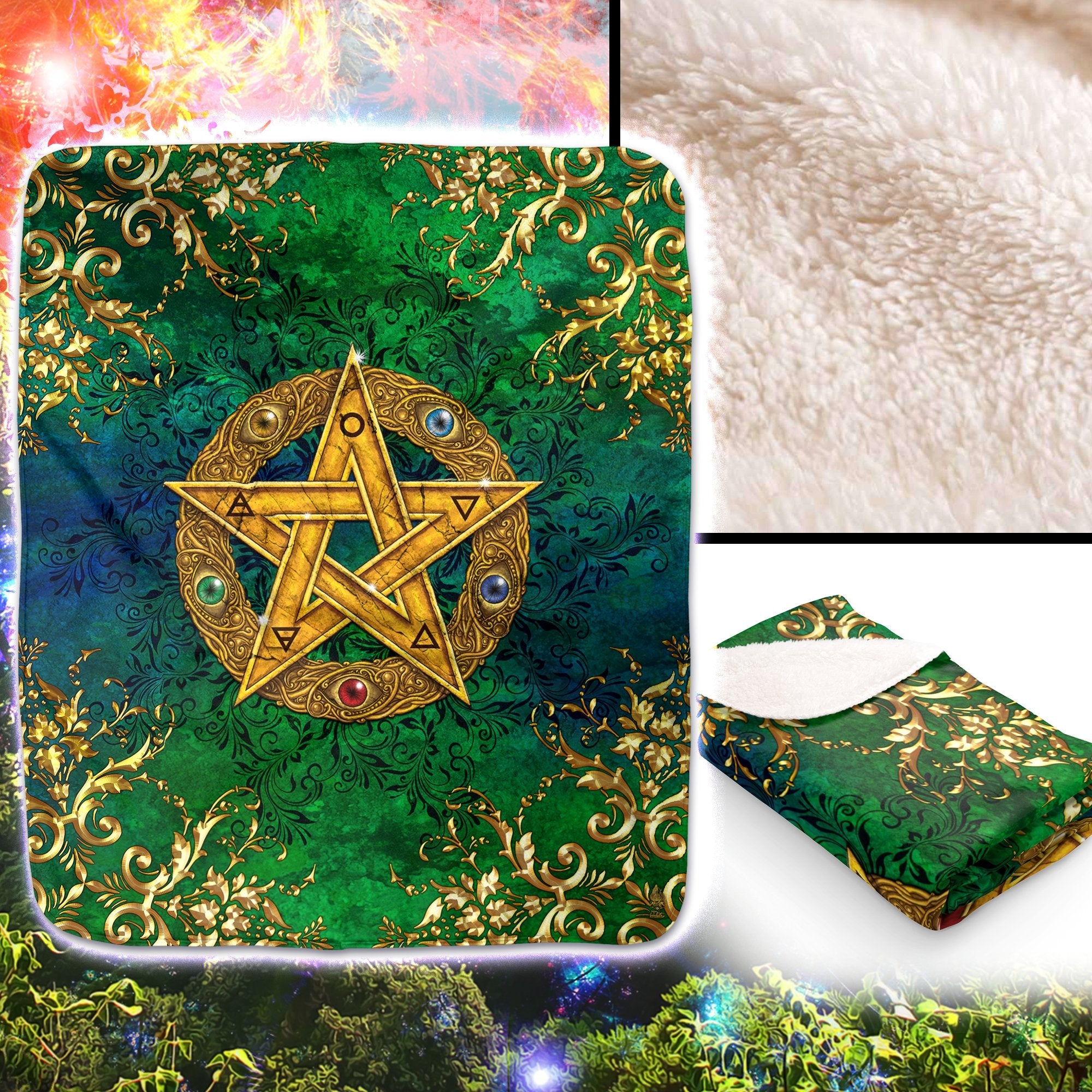 Wicca Throw Fleece Blanket, Pagan Decor, Witch Room - Gold Pentacle - Abysm Internal