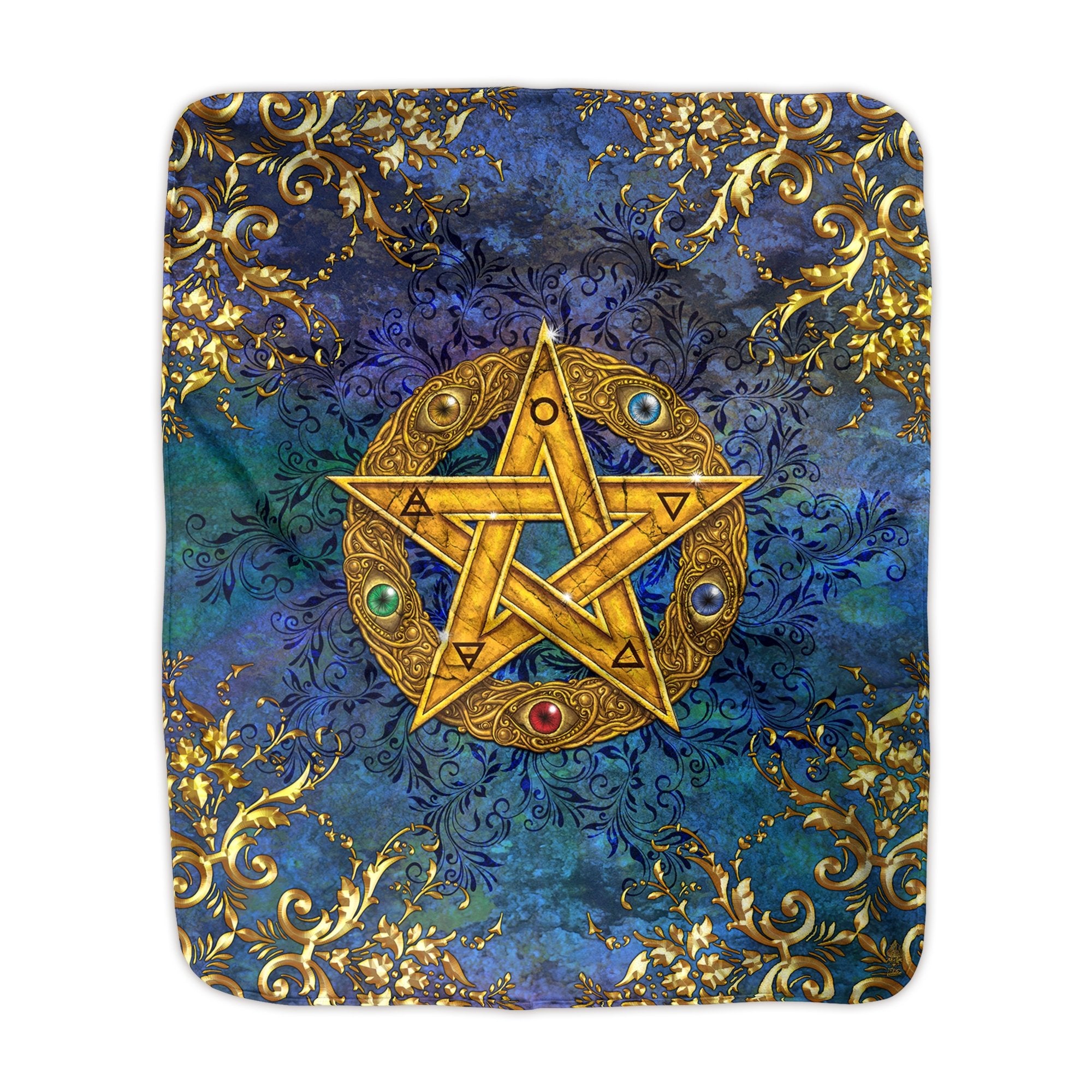 Wicca Throw Fleece Blanket, Pagan Decor, Witch Room - Gold Pentacle - Abysm Internal