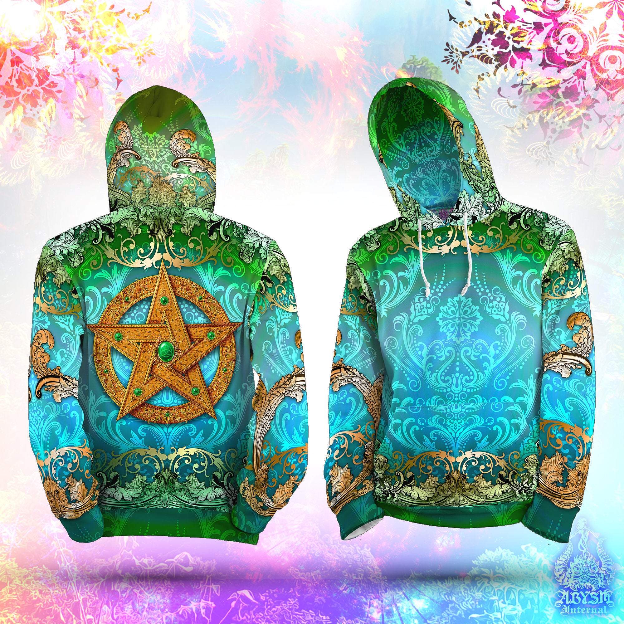 Wiccan Hoodie, Pagan Outfit, Witchy Streetwear, Witch Sweater, Pagan Alternative Clothing, Unisex - Pentacle, Green Blue - Abysm Internal