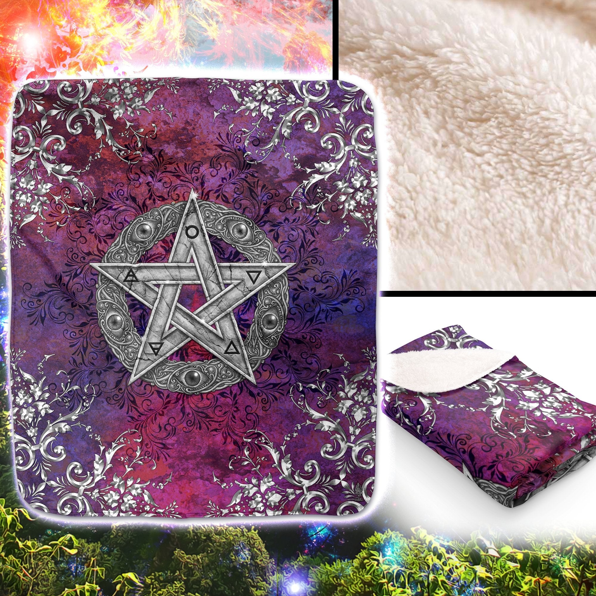 Wiccan Throw Fleece Blanket, Pagan Decor, Witchy Room - Silver Pentacle - Abysm Internal