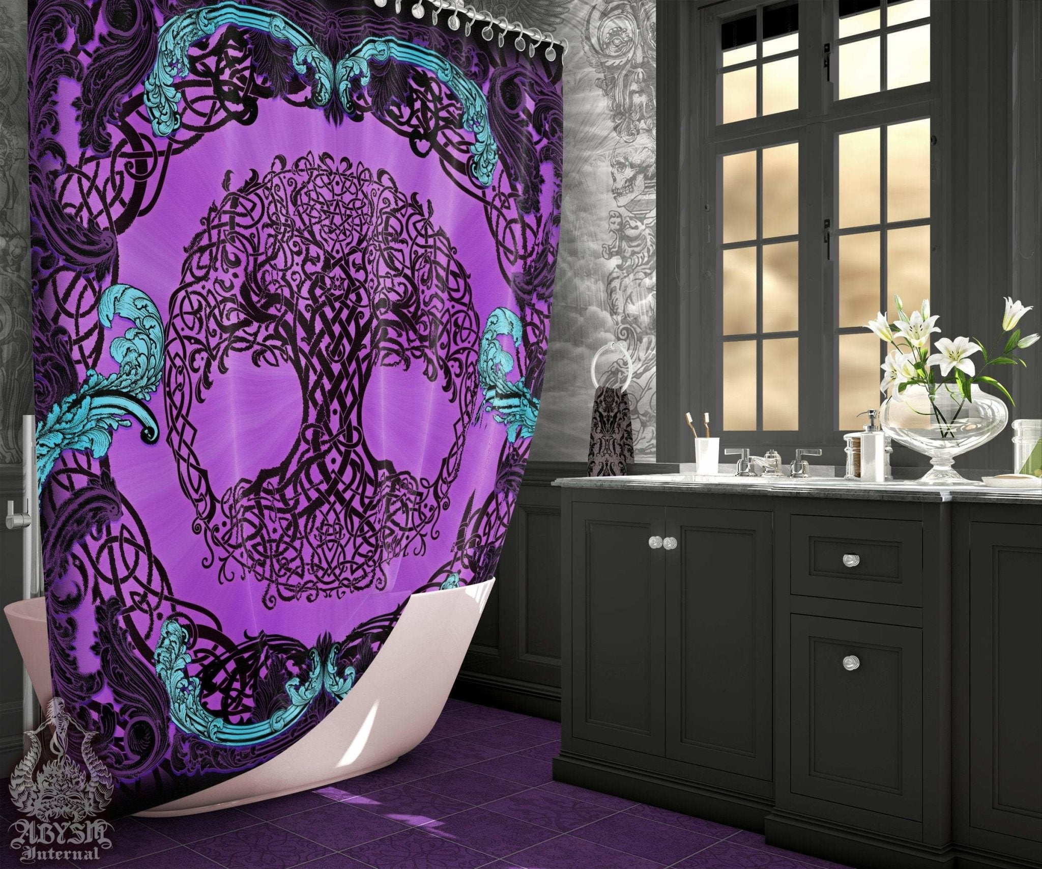 Witch Shower Curtain, Tree of Life, Gothic Bathroom Decor, Pagan, Celtic Knot, Eclectic and Funky Home - Pastel Goth, Purple - Abysm Internal