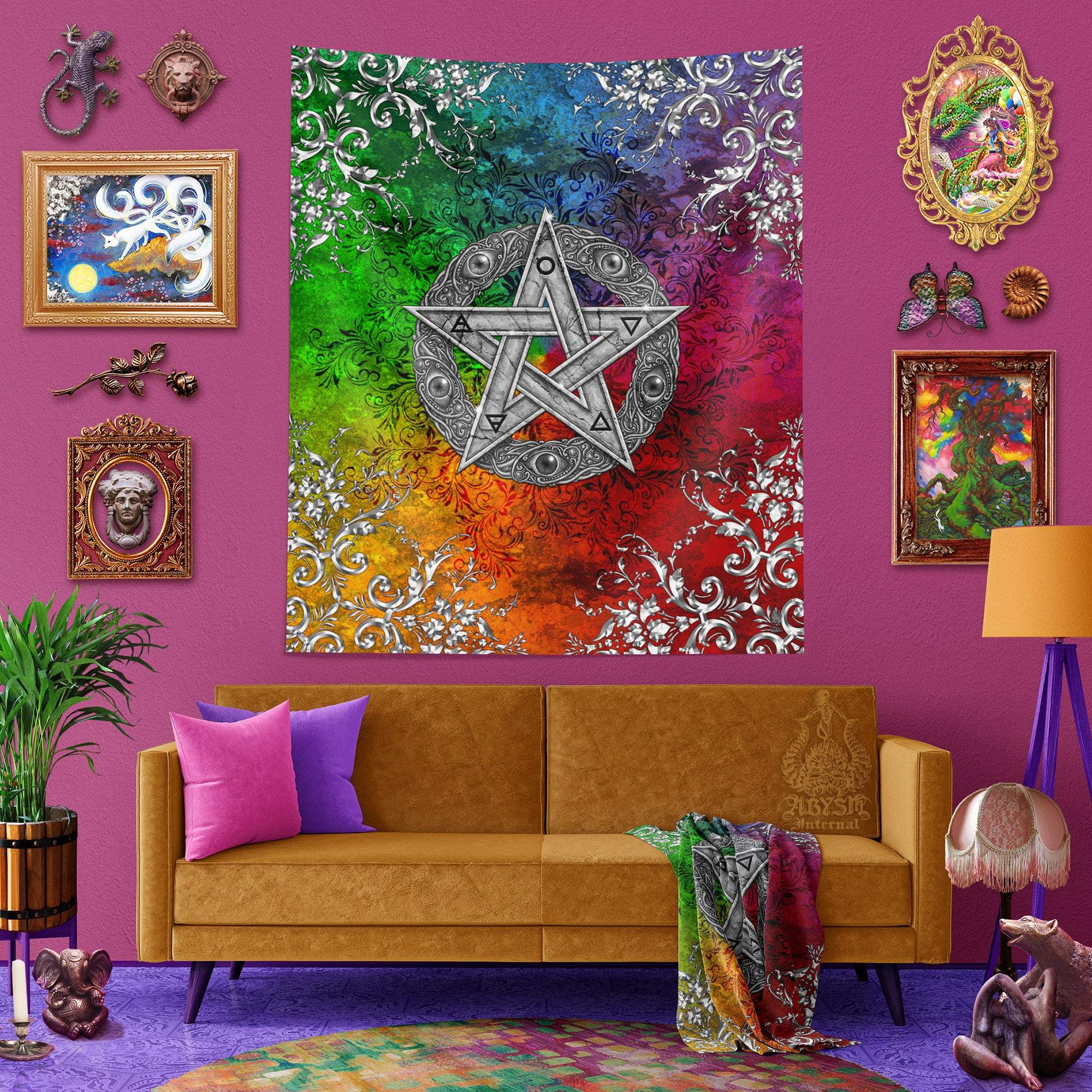 Witch Tapestry, Pagan Wall Hanging, Wiccan Home Decor, Art Print, Eclectic and Funky - Silver Pentacle, 8 Colors - Abysm Internal