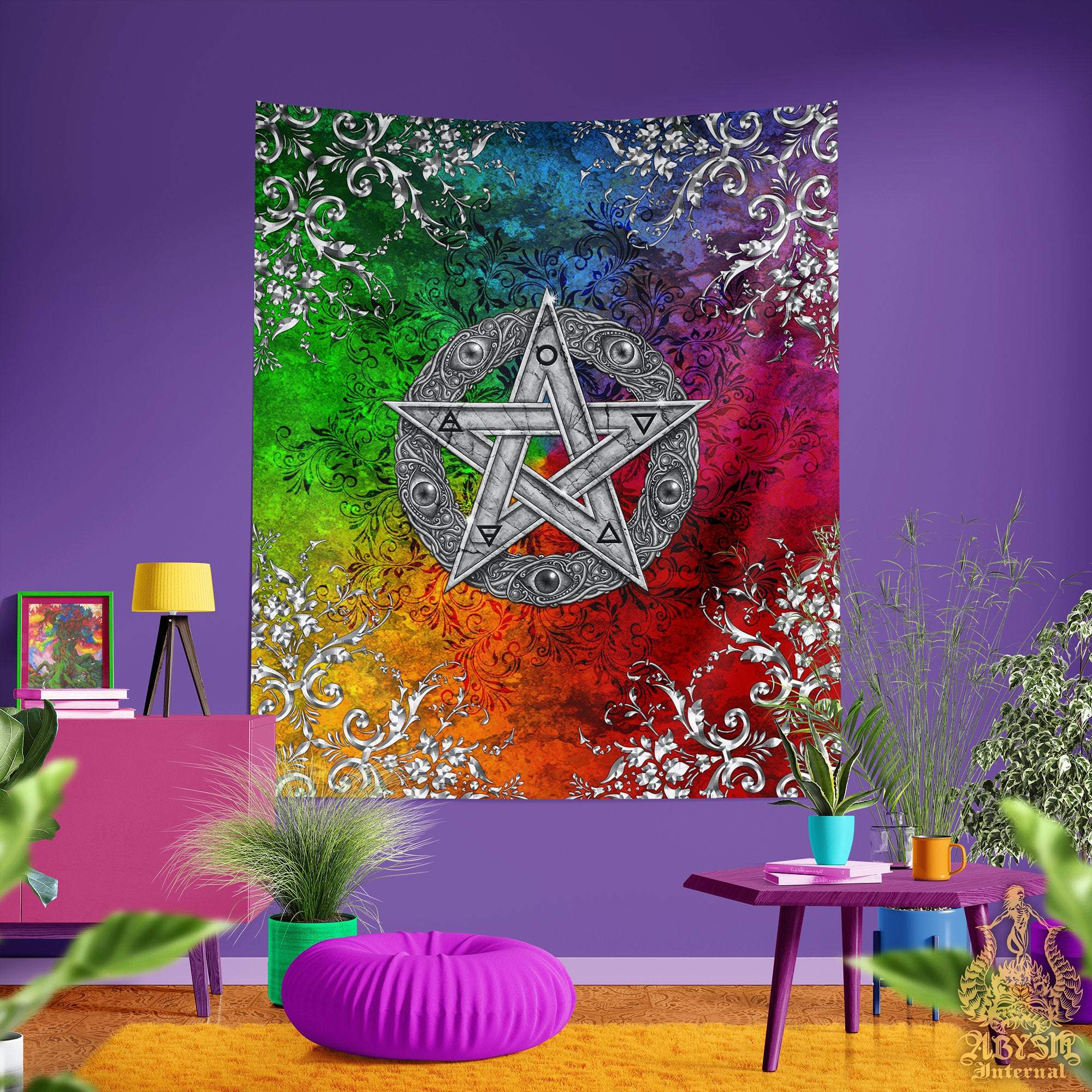 Witch Tapestry, Pagan Wall Hanging, Wiccan Home Decor, Art Print, Eclectic and Funky - Silver Pentacle, 8 Colors - Abysm Internal