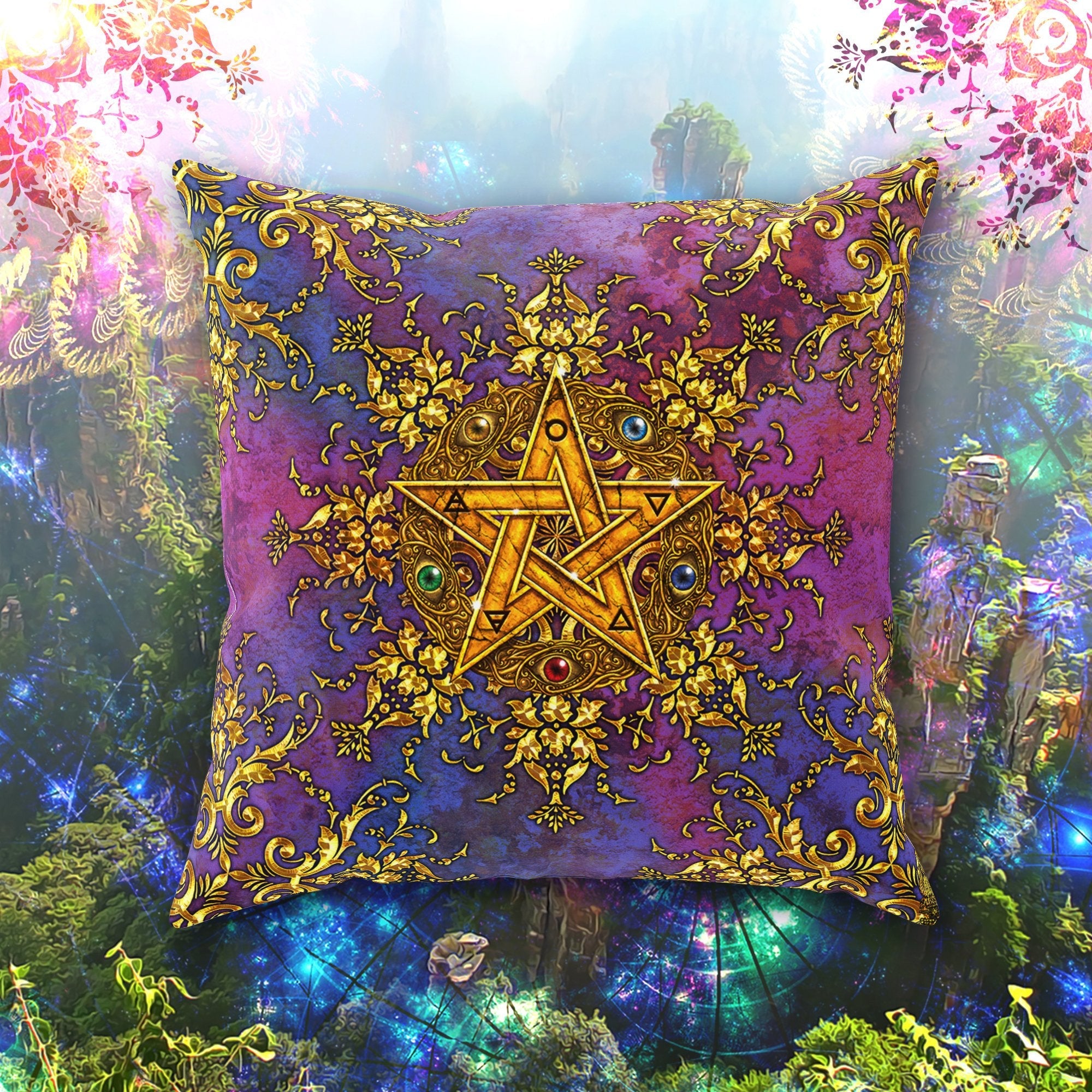Witch Throw Pillow, Decorative Accent Cushion, Pentacle, Wiccan Home Decor, Pagan Art, Funky and Eclectic - Gold - Abysm Internal