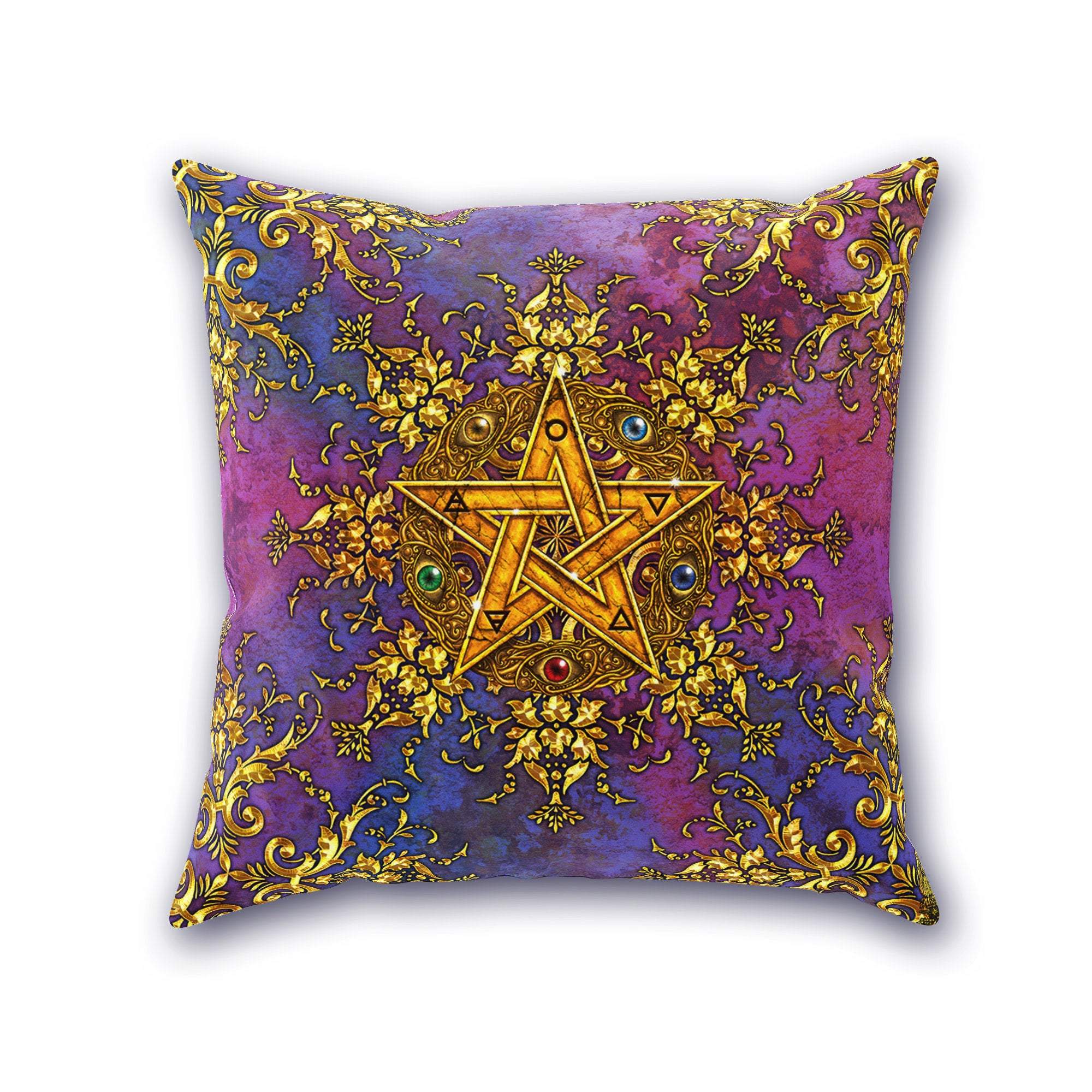 Witch Throw Pillow, Decorative Accent Cushion, Pentacle, Wiccan Home Decor, Pagan Art, Funky and Eclectic - Gold - Abysm Internal