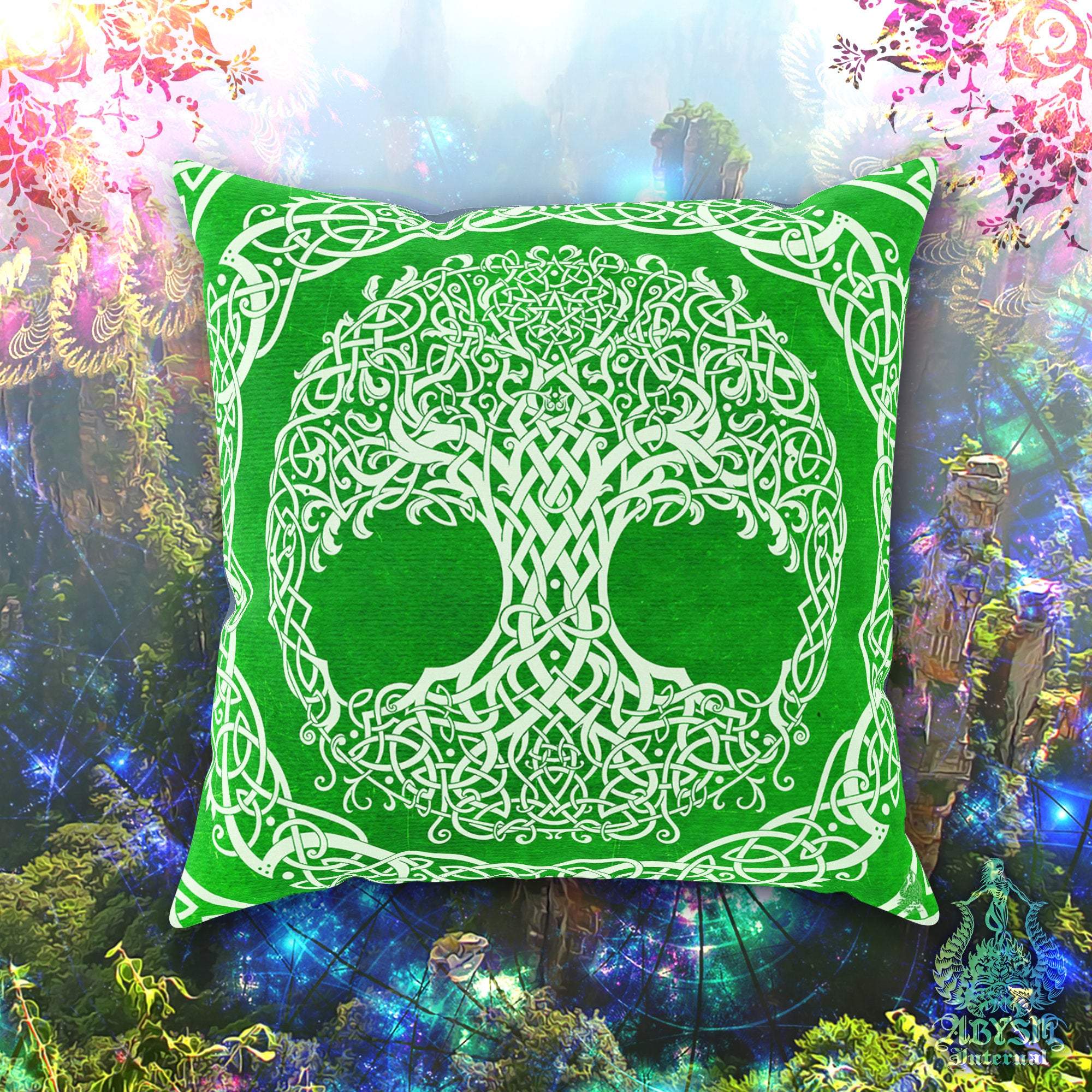 Witch Throw Pillow, Decorative Accent Cushion, Tree of Life, Wicca Room Decor, Witchy Art, Celtic Knot, Funky and Eclectic Home - Green - Abysm Internal
