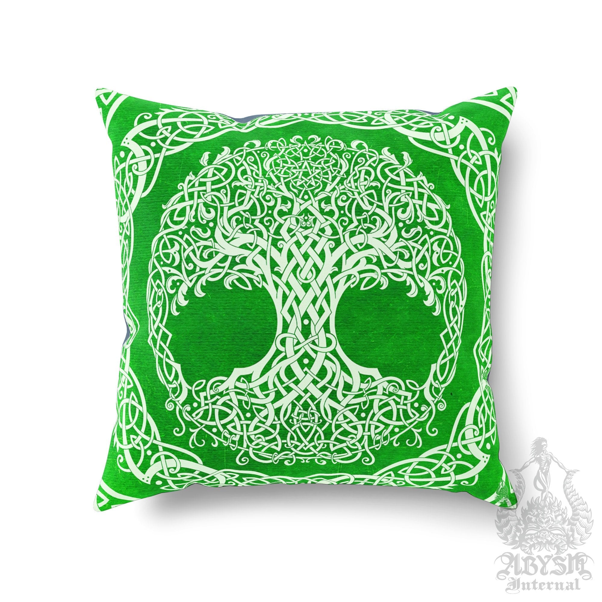 Witch Throw Pillow, Decorative Accent Cushion, Tree of Life, Wicca Room Decor, Witchy Art, Celtic Knot, Funky and Eclectic Home - Green - Abysm Internal