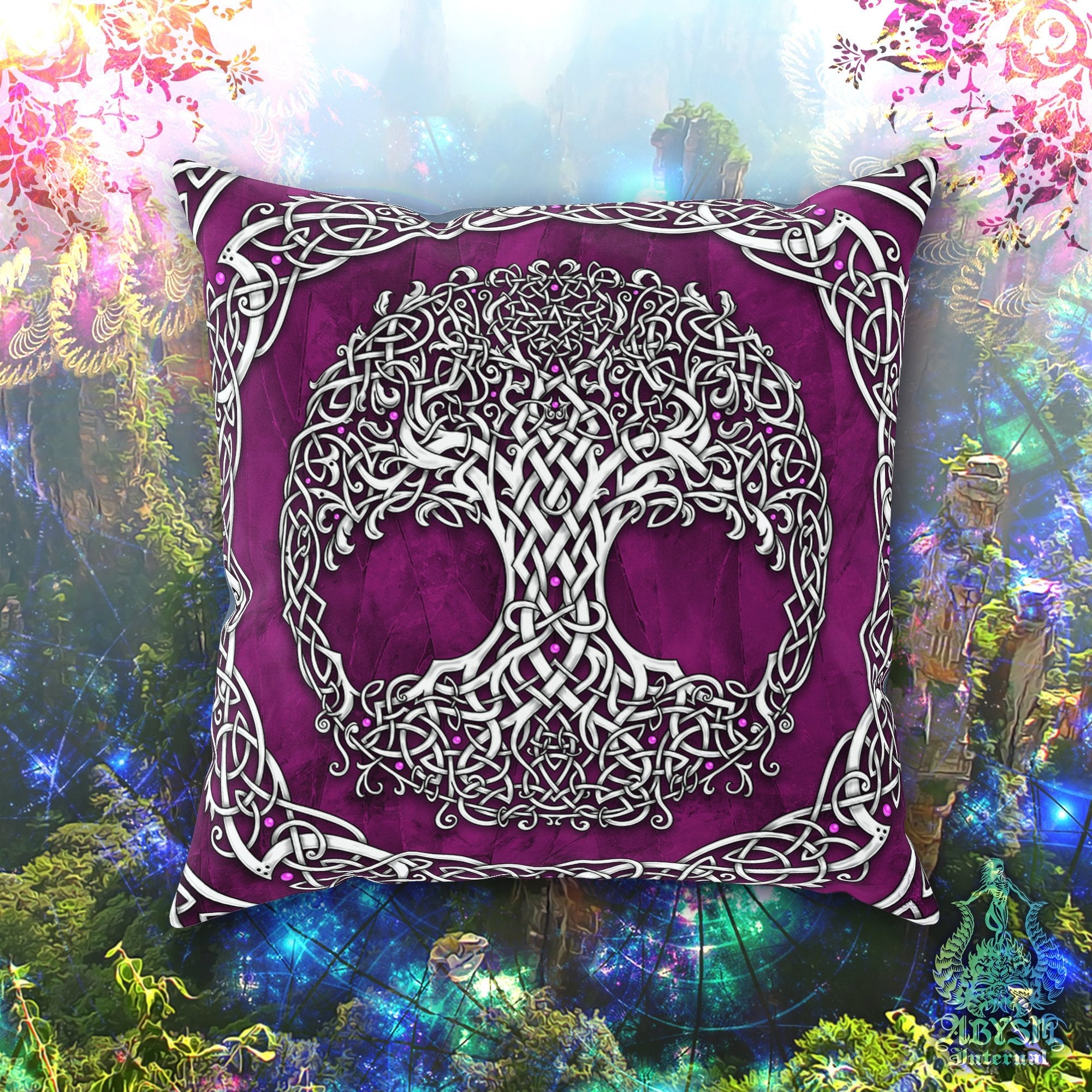 Witch Throw Pillow, Decorative Accent Cushion, Tree of Life, Wicca Room Decor, Witchy Art, Celtic Knot, Funky and Eclectic Home - White & Purple - Abysm Internal