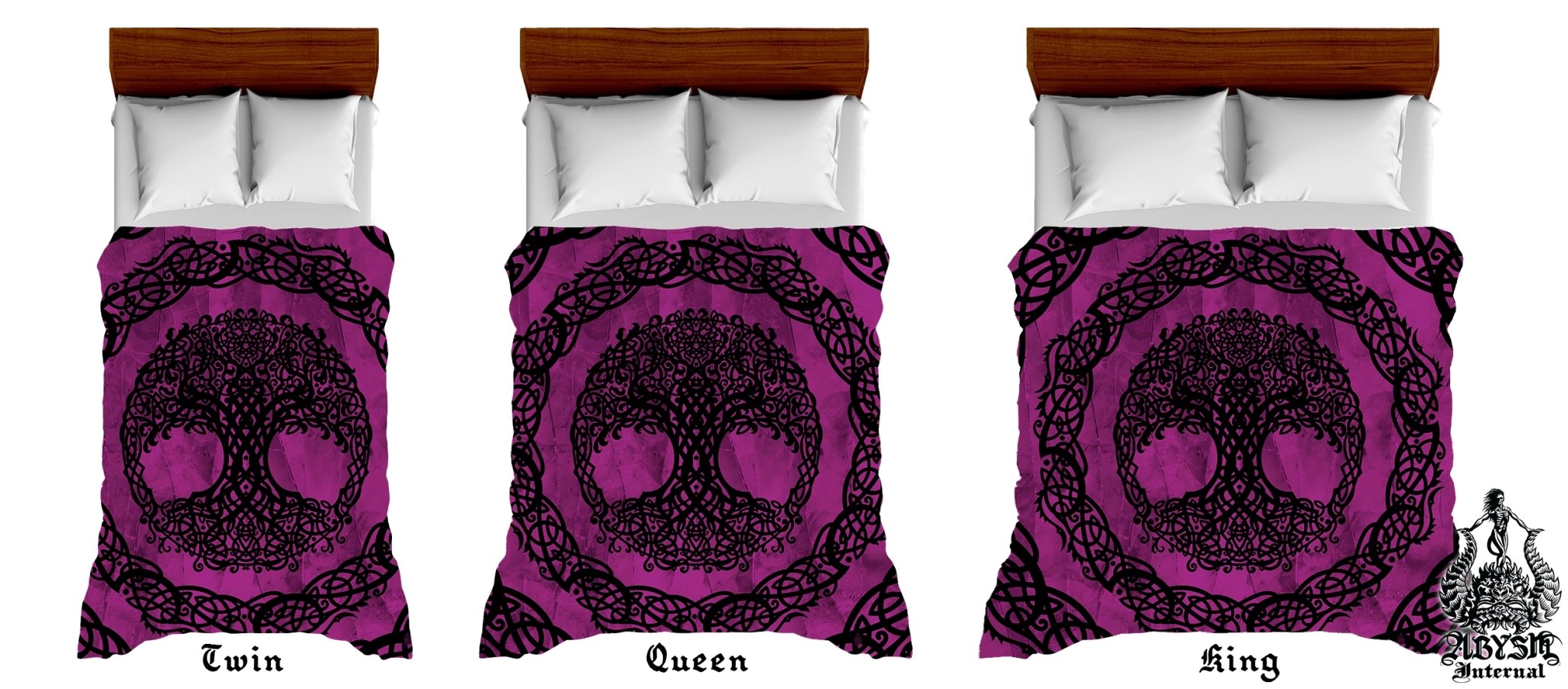 Witchy Bedding Set, Comforter and Duvet, Tree of Life Bed Cover, Witch Bedroom Decor King, Queen and Twin Size - Celtic, Wiccan Black and Pink - Abysm Internal
