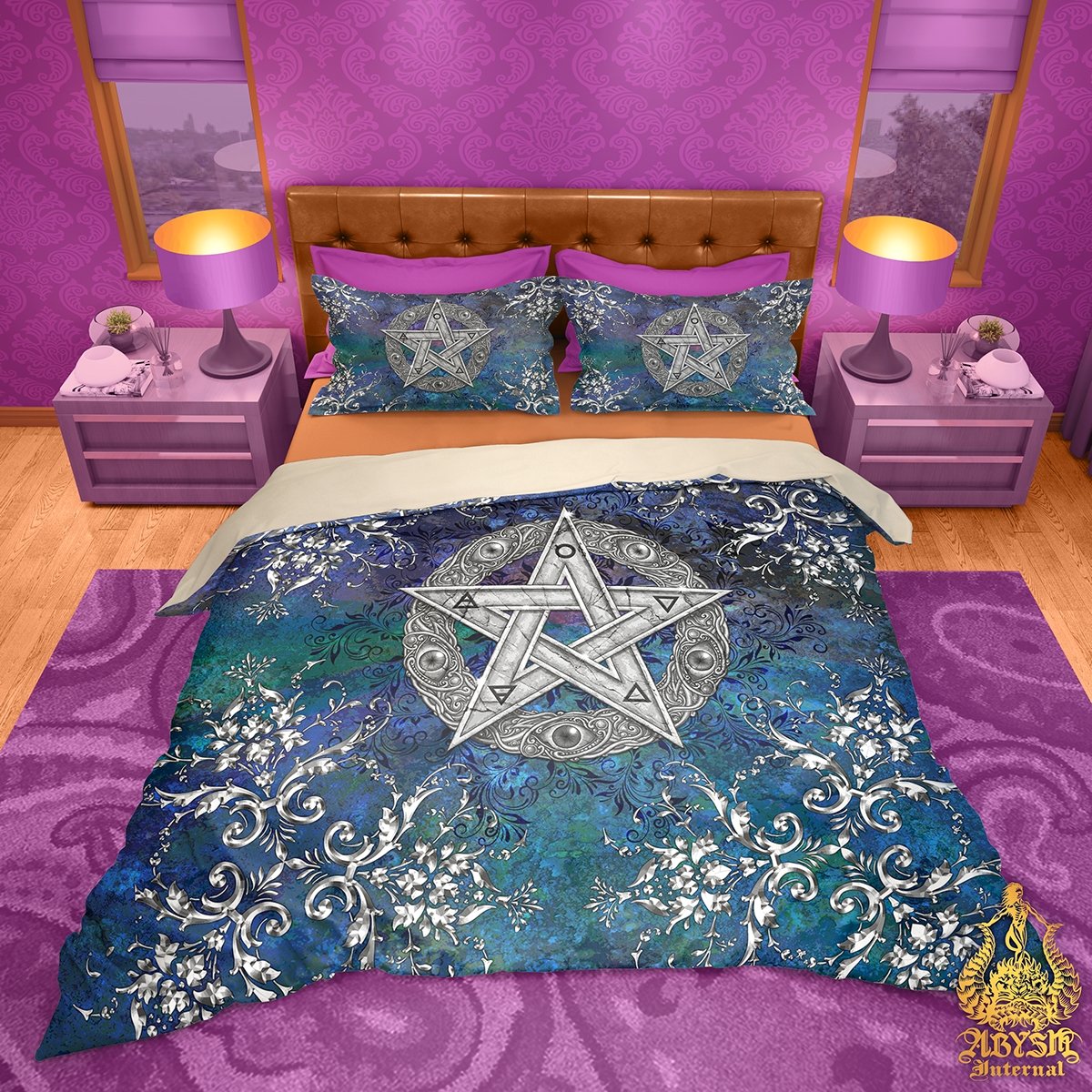 Witchy Bedding Set, Comforter and Duvet, Wiccan Bed Cover and Pagan Bedroom Decor, King, Queen and Twin Size - Silver Pentacle - Abysm Internal