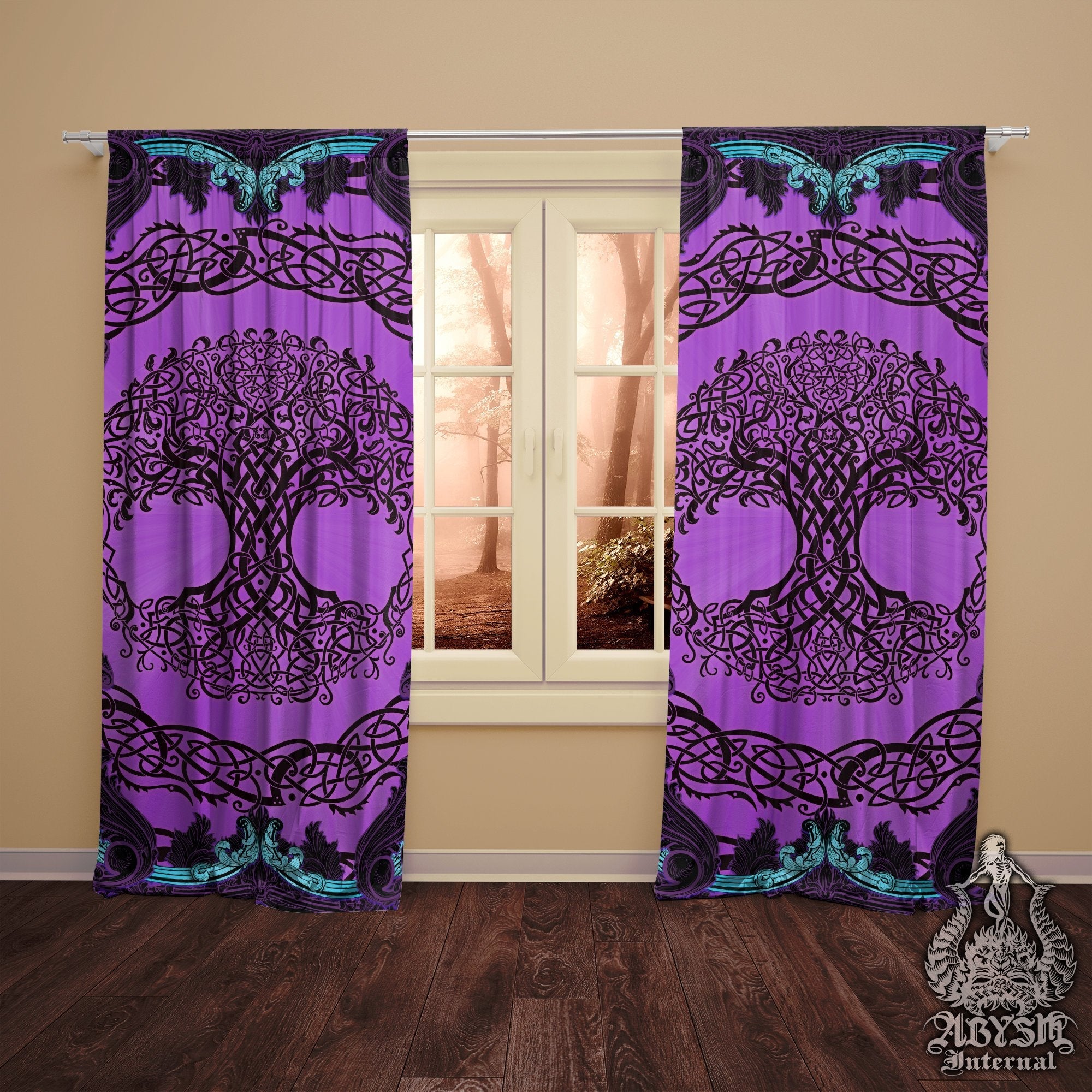 Witchy Blackout Curtains, Long Window Panels, Tree of Life, Celtic Knot, Pagan Room Decor, Art Print, Funky and Eclectic Home Decor - Pastel Goth - Abysm Internal
