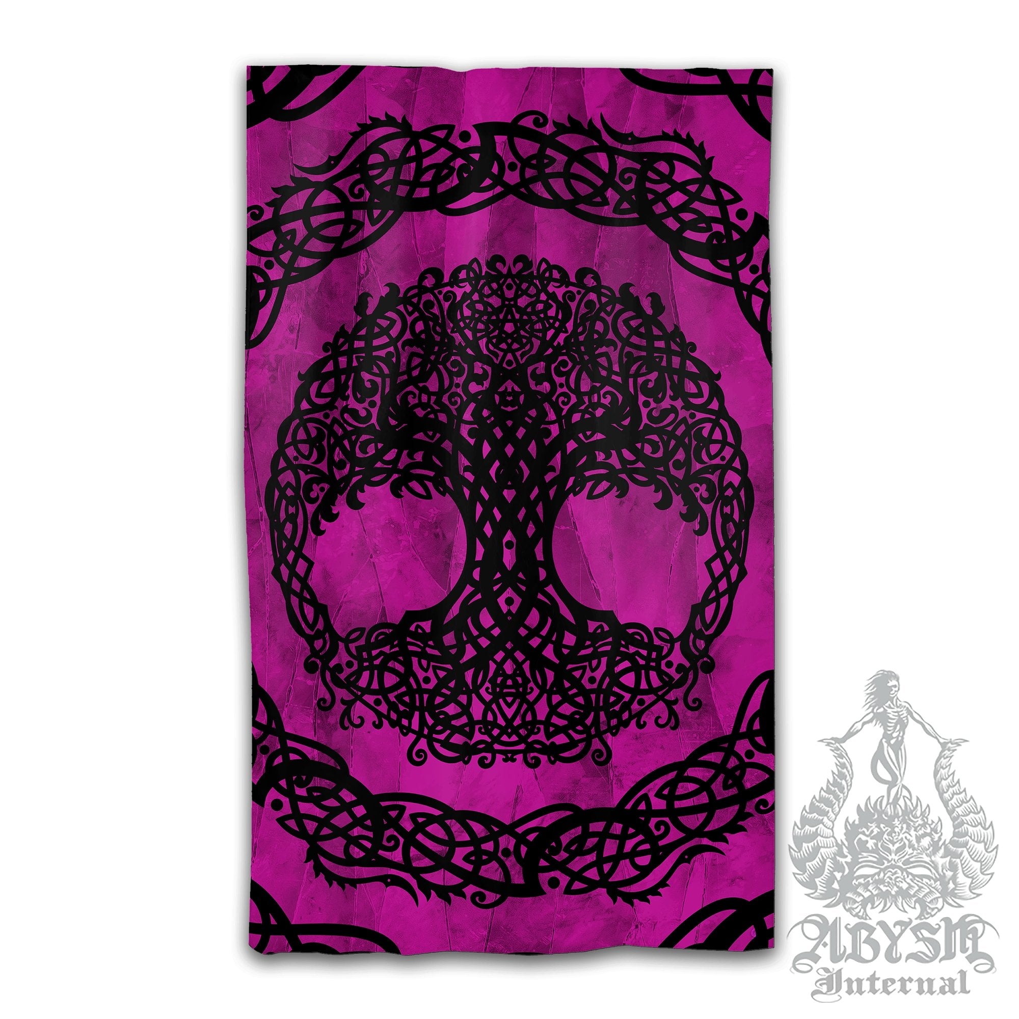 Witchy Blackout Curtains, Long Window Panels, Tree of Life, Celtic Knot, Pagan Room Decor, Wiccan Art Print, Witch Home Decor - Pink and Black - Abysm Internal