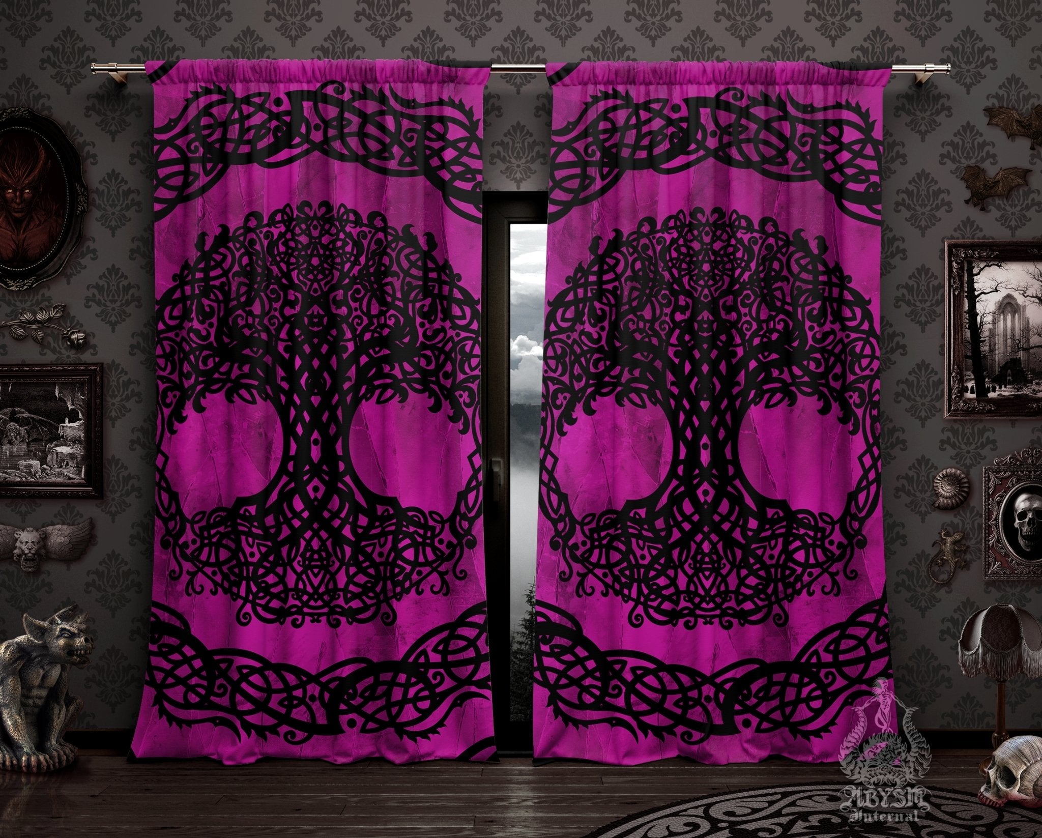 Witchy Blackout Curtains, Long Window Panels, Tree of Life, Celtic Knot, Pagan Room Decor, Wiccan Art Print, Witch Home Decor - Pink and Black - Abysm Internal