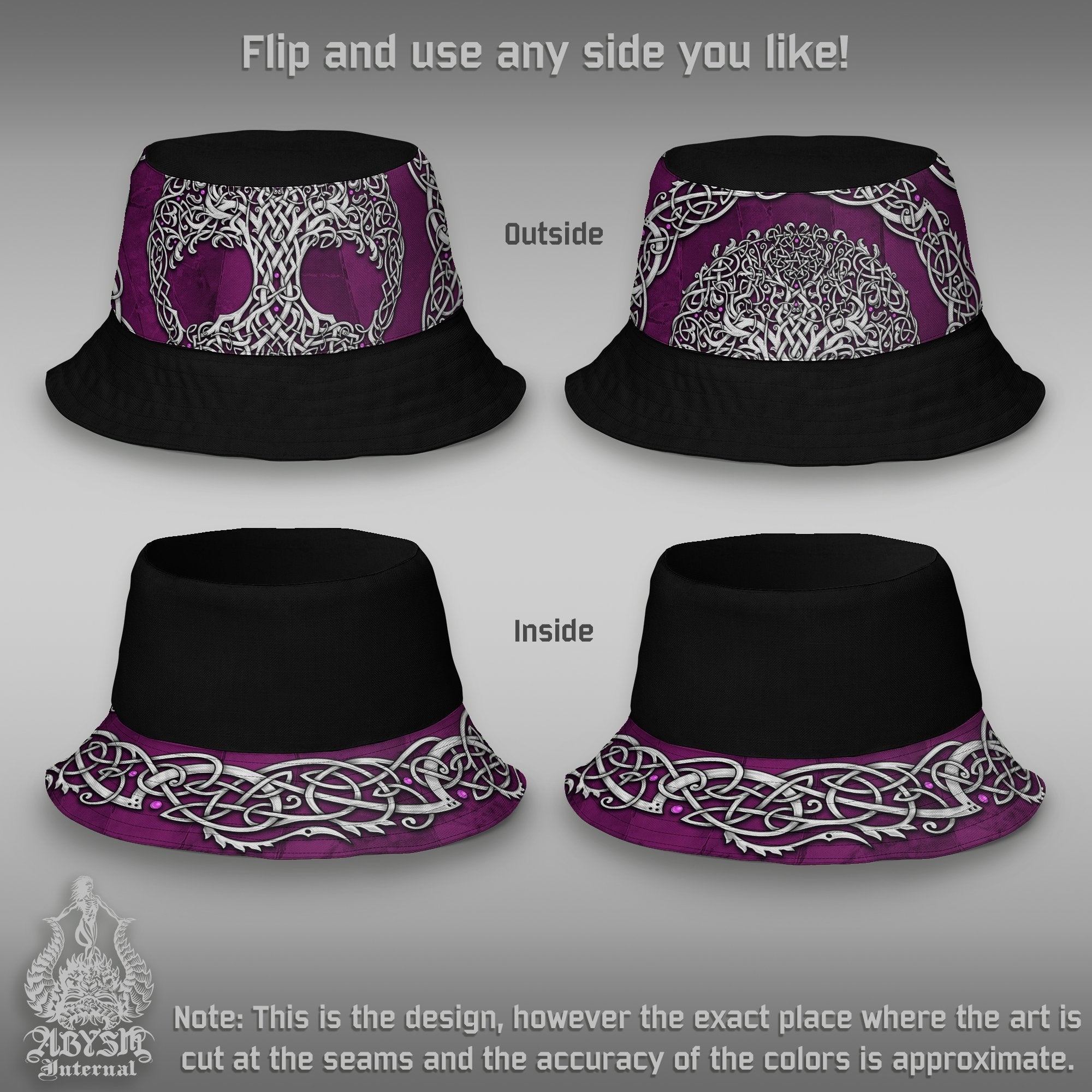 Witchy Bucket Hat, Pagan Streetwear, Wicca Summer Hat, Tree of Life Art, Indie and Hippie Beach Accessory with Linen feel, Reversible & Unisex - Celtic Knotwork - Abysm Internal