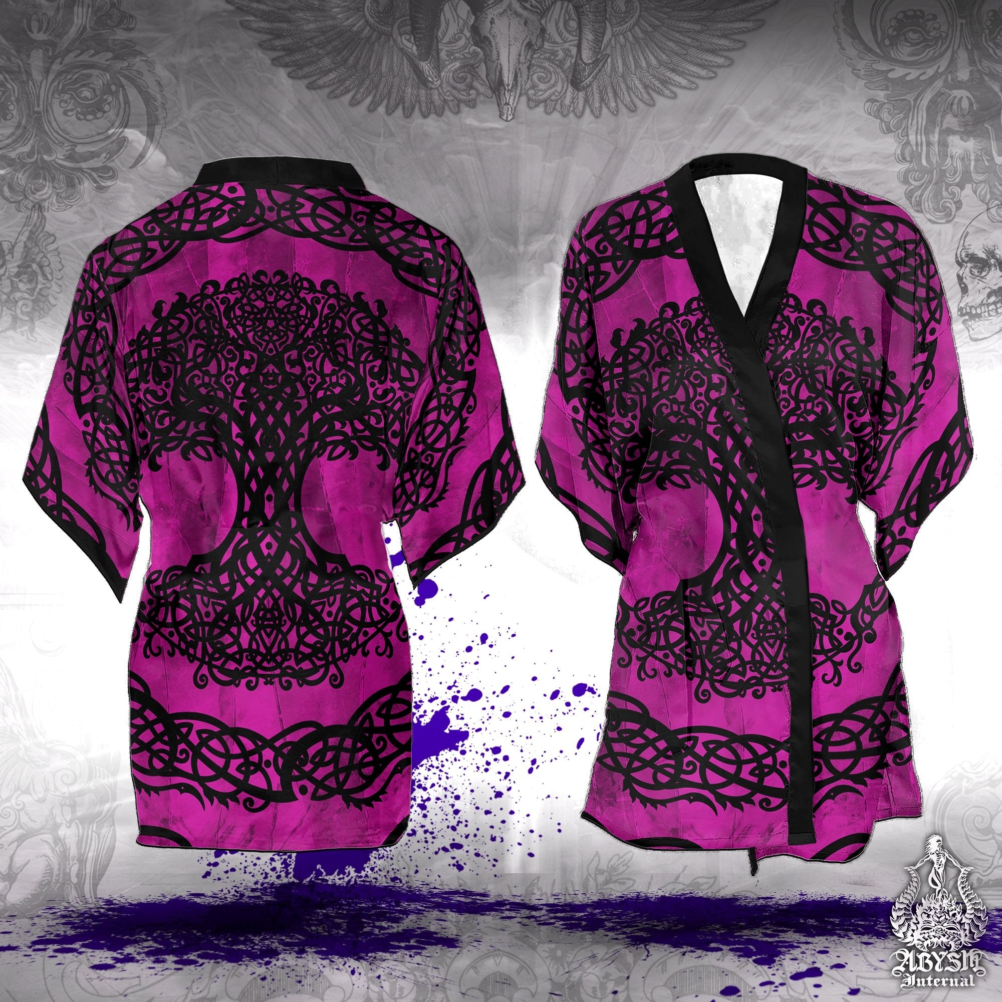 Witchy Cover Up, Beach Outfit, Celtic Party Kimono, Wicca Summer Festival Robe, Indie Tree of Life, Alternative Clothing, Unisex - Pink and Black - Abysm Internal