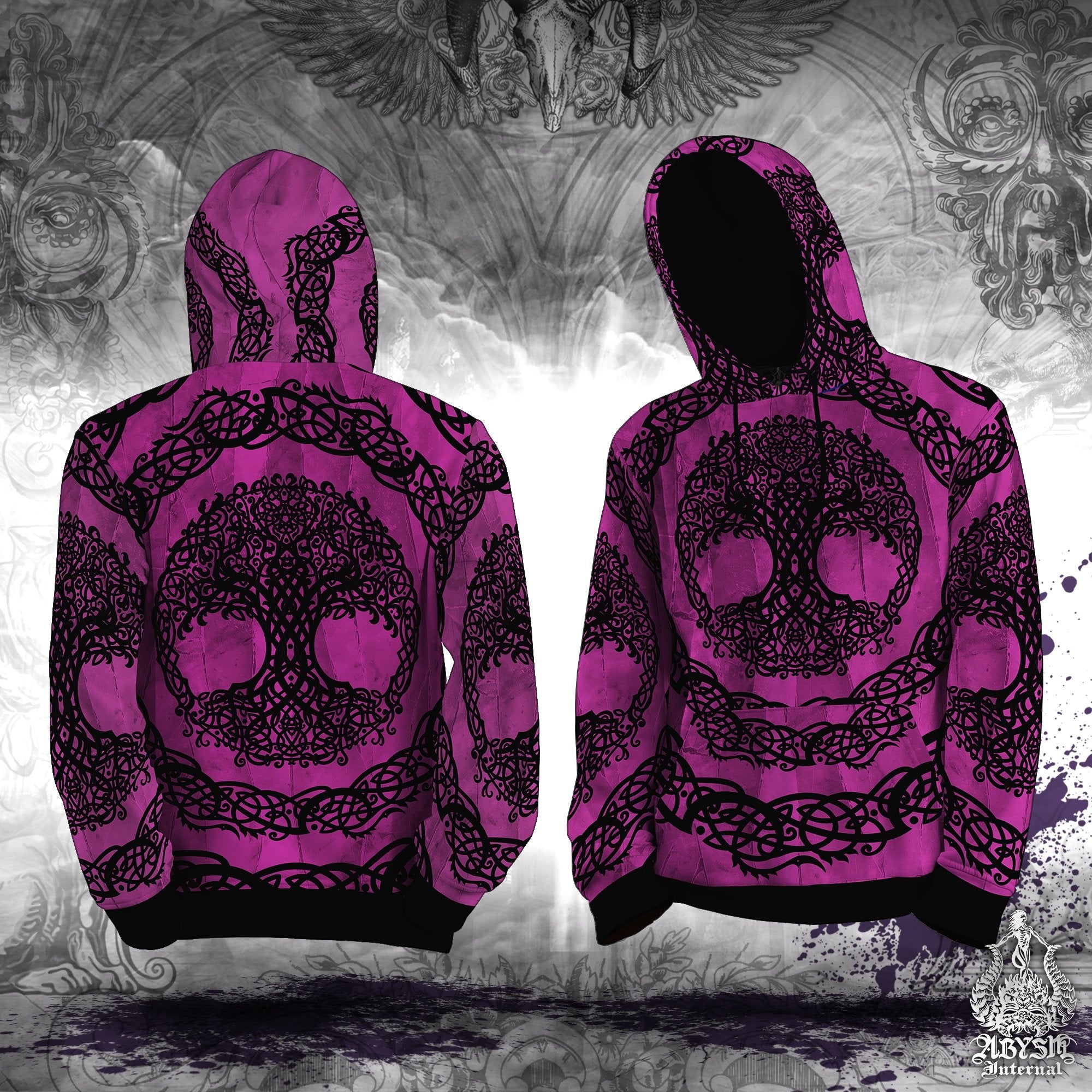 Witchy Hoodie, Wicca Streetwear, Witch Outfit, Pagan Alternative Clothing, Unisex - Pink and Black, Celtic Tree of Life - Abysm Internal