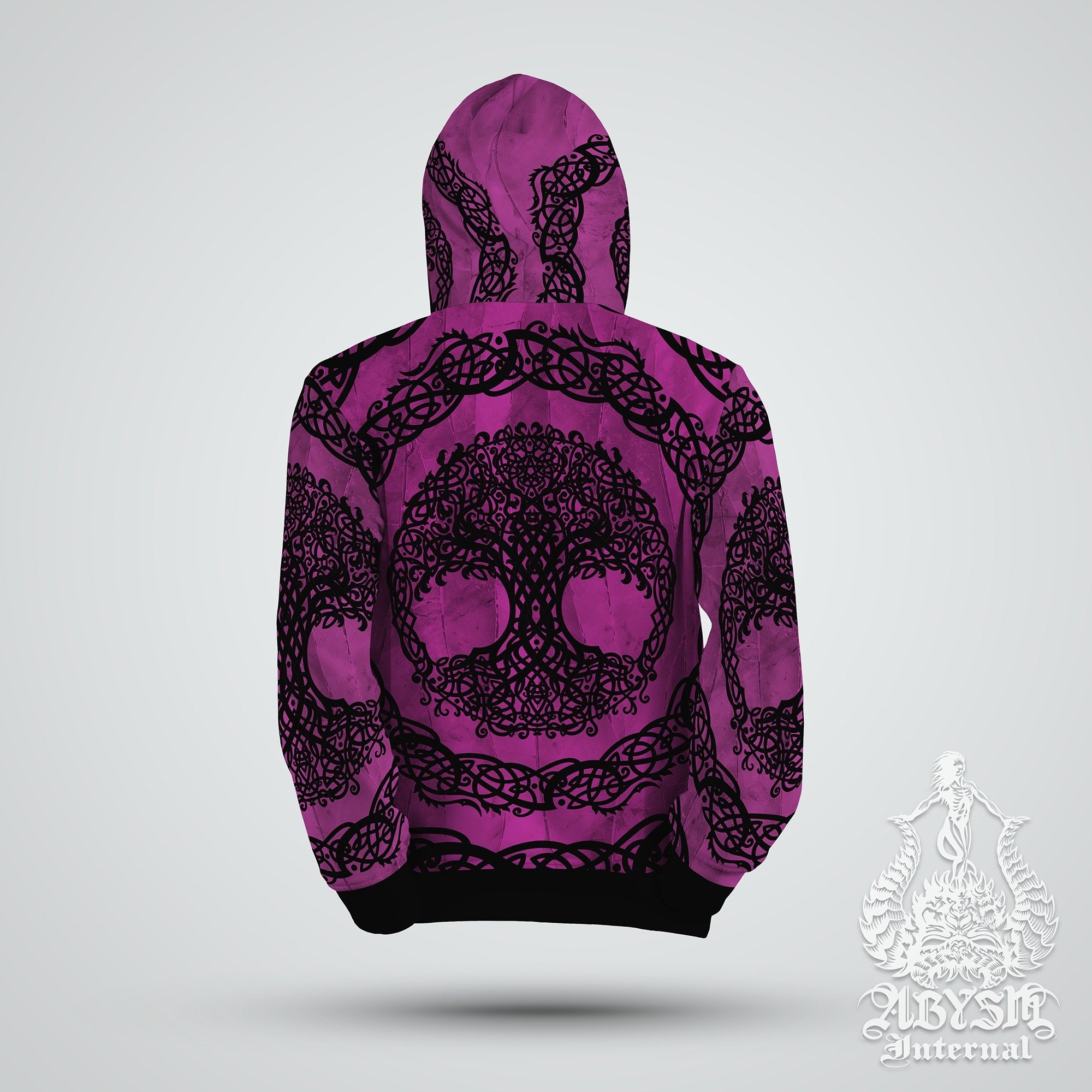Witchy Hoodie, Wicca Streetwear, Witch Outfit, Pagan Alternative Clothing, Unisex - Pink and Black, Celtic Tree of Life - Abysm Internal