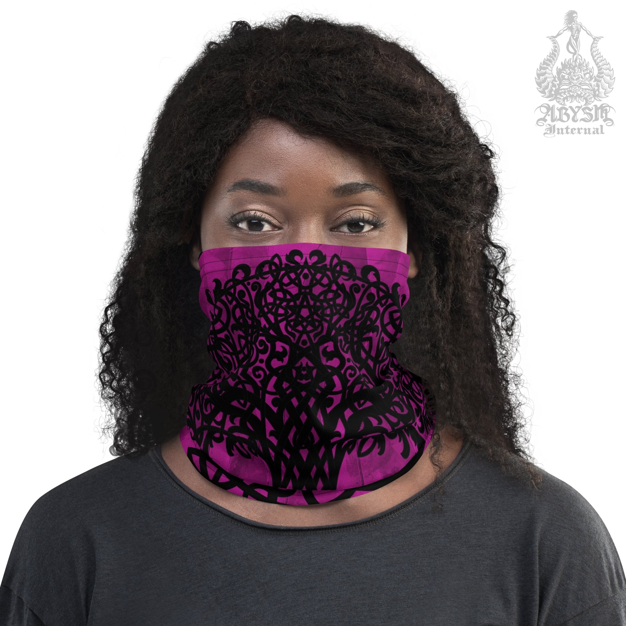 Witchy Neck Gaiter, Face Mask, Head Covering, Pagan Outfit, Tree of Life - Pink and Black - Abysm Internal