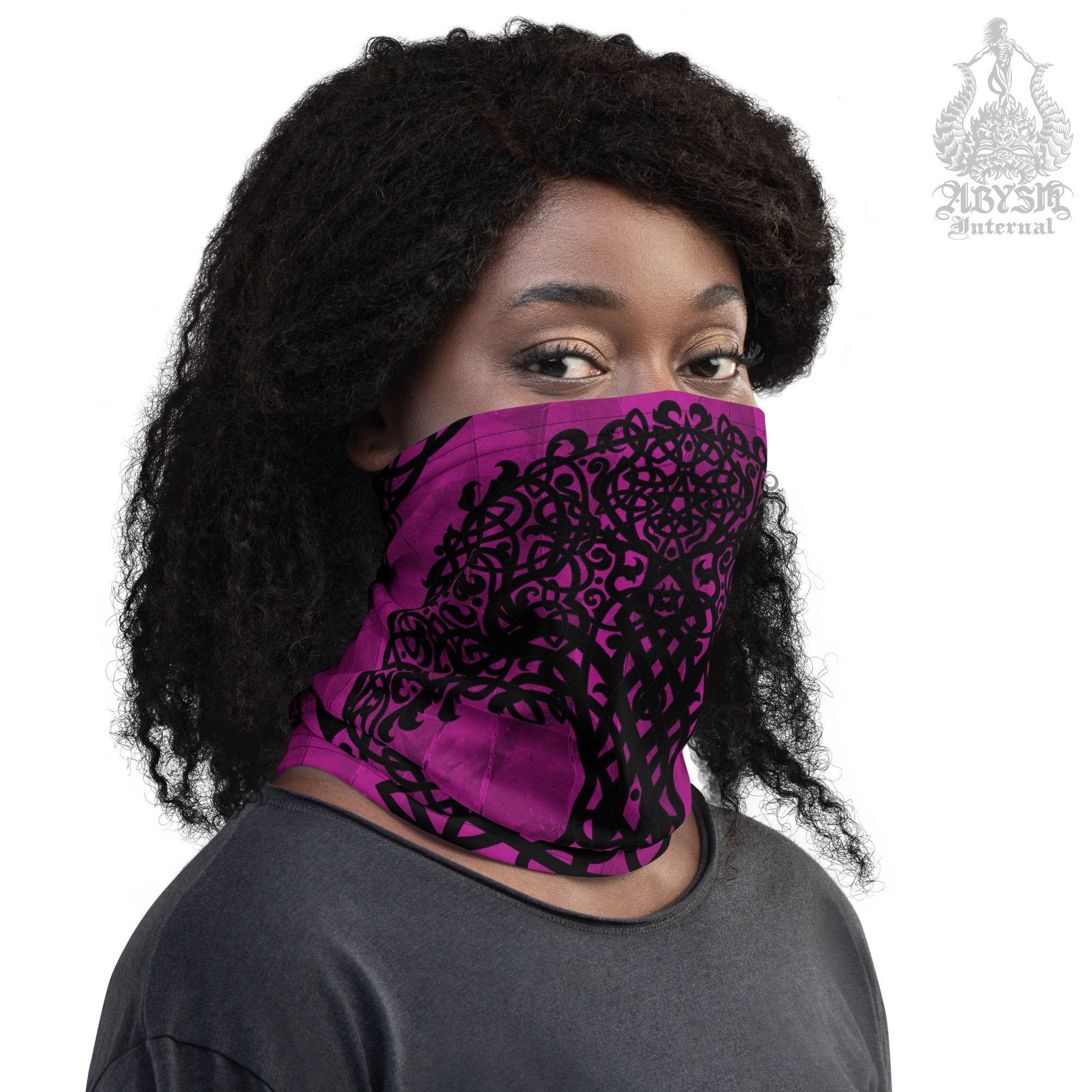 Witchy Neck Gaiter, Face Mask, Head Covering, Pagan Outfit, Tree of Life - Pink and Black - Abysm Internal