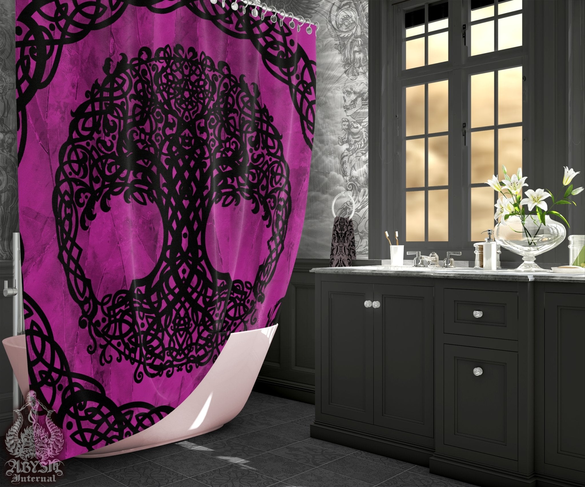 Witchy Shower Curtain, Tree of Life, Wiccan Bathroom Decor, Pagan, Celtic Knot, Indie and Wicca Witch Home - Pink Black - Abysm Internal