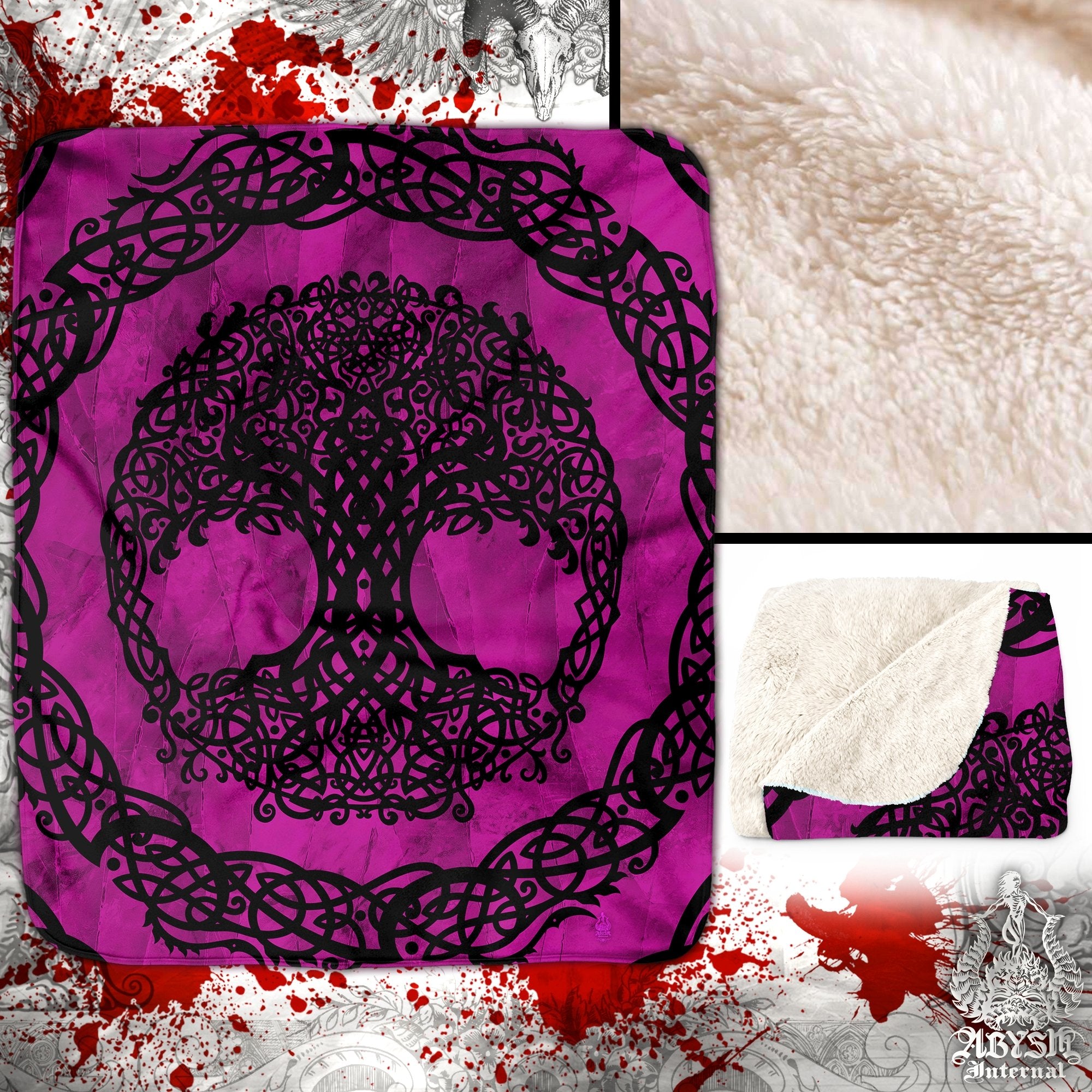 Witchy Throw Fleece Blanket, Pagan Decor, Celtic Tree of Life , Witch Room, Witch Gift, Alternative Art Gift - Pink and Black - Abysm Internal