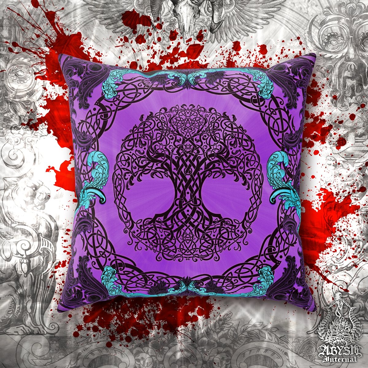 Witchy Throw Pillow, Decorative Accent Cushion, Tree of Life, Pagan Room Decor, Celtic Art, Alternative Home - Pastel Goth, Purple - Abysm Internal