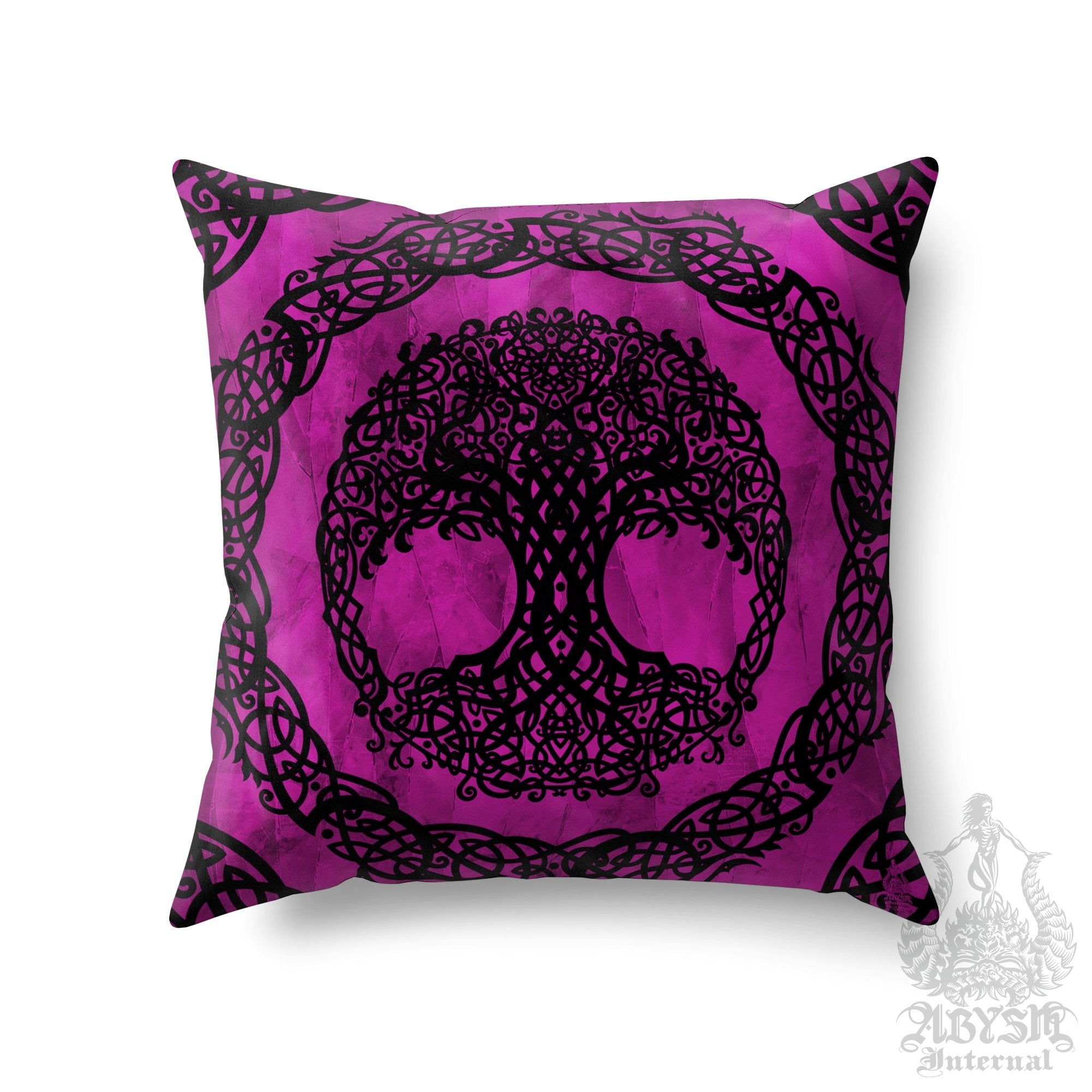 Witchy Throw Pillow, Decorative Accent Cushion, Tree of Life, Witch Room Decor, Celtic Art, Alternative Home - Pink Black - Abysm Internal