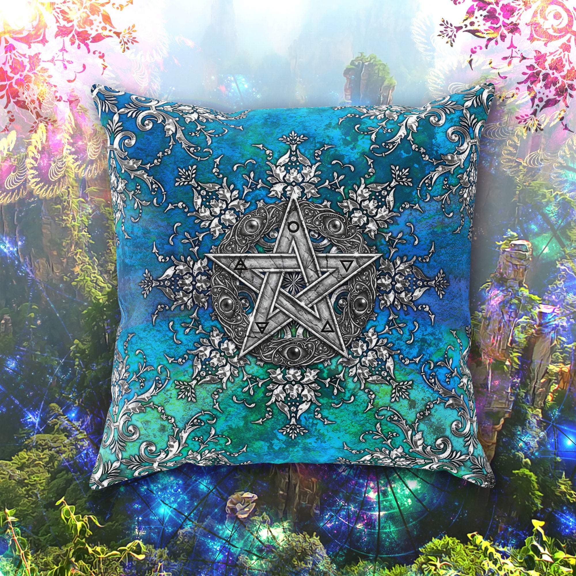 Witchy Throw Pillow, Decorative Accent Cushion, Wiccan Room Decor, Pentacle Decor, Pagan Art, Funky and Eclectic Home - Silver - Abysm Internal