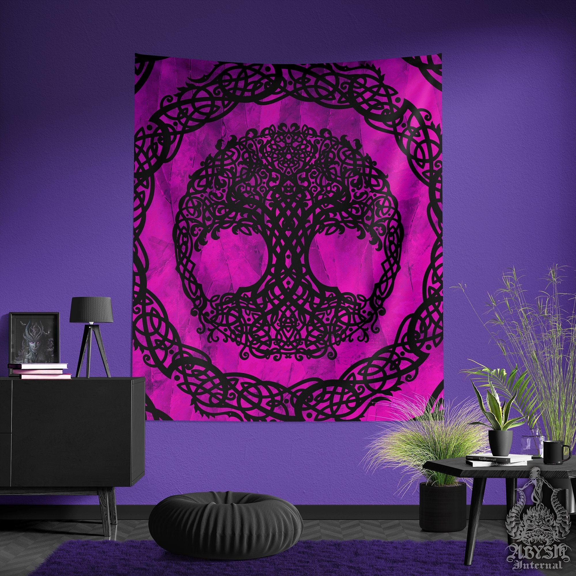 Witchy Tree of Life Tapestry, Celtic Wall Hanging, Pagan and Wiccan Home Decor, With Art Print - Pink and Black - Abysm Internal