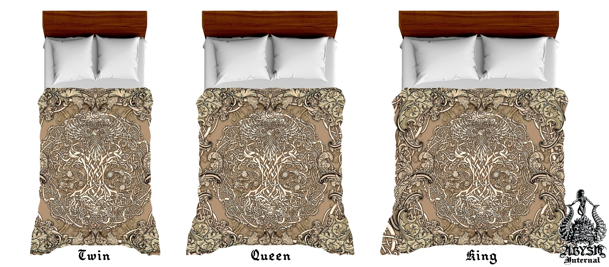 Yggdrasil Bedding Set, Comforter and Duvet, Viking Tree of Life, Norse Bed Cover and Bedroom Decor, King, Queen and Twin Size - Cream - Abysm Internal