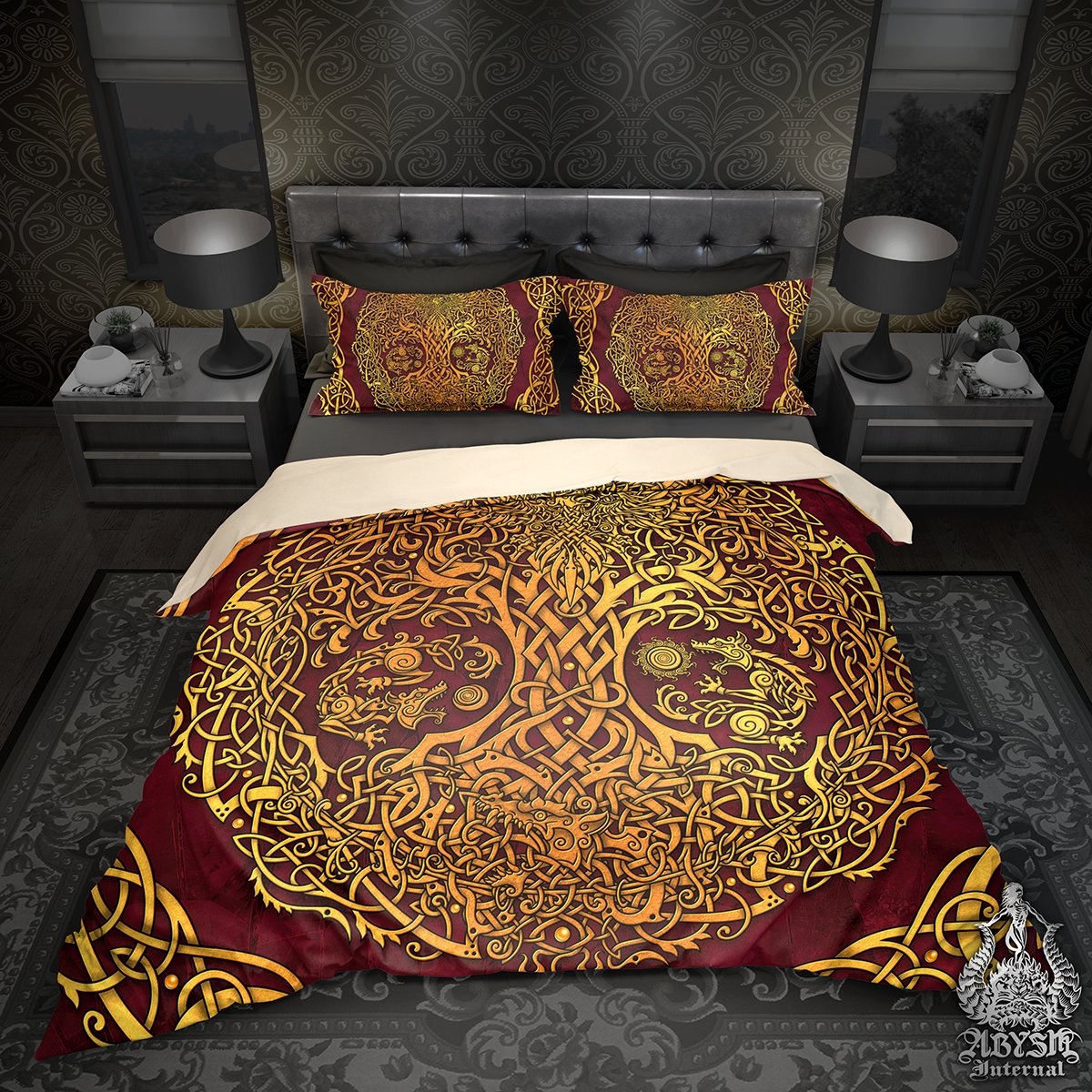 Yggdrasil Bedding Set, Comforter and Duvet, Viking Tree of Life, Norse Bed Cover and Bedroom Decor, King, Queen and Twin Size - Gold and Red - Abysm Internal