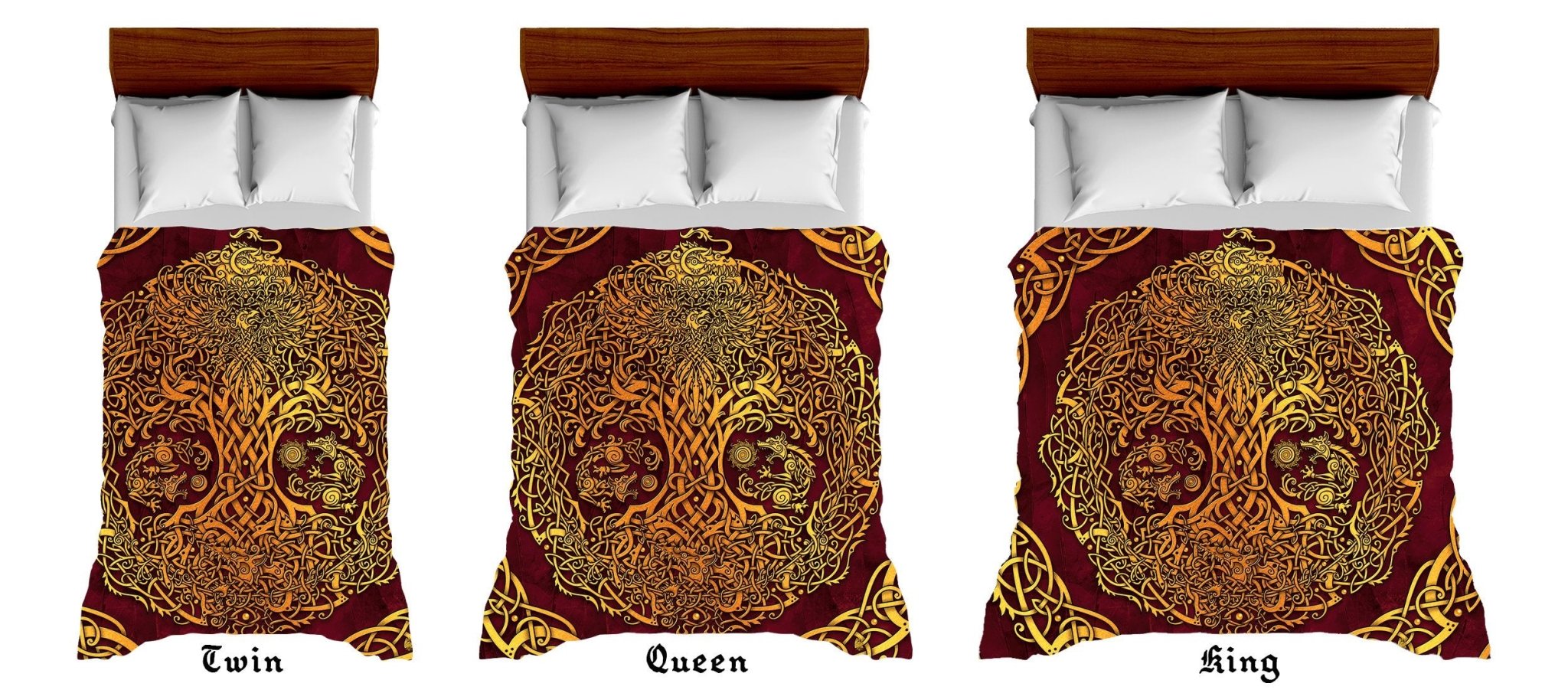 Yggdrasil Bedding Set, Comforter and Duvet, Viking Tree of Life, Norse Bed Cover and Bedroom Decor, King, Queen and Twin Size - Gold and Red - Abysm Internal